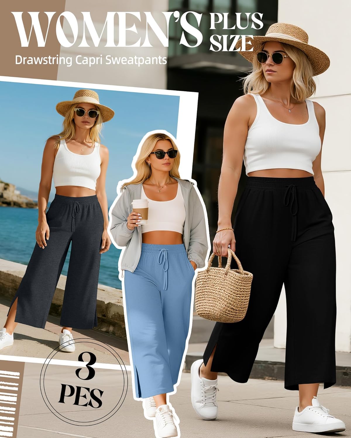 Neer 3 Pack Women's Plus Size Capris, Drawstring Cropped Wide Leg Pants Lounge Athletic Yoga Sweatpant with Pocket - Image 2
