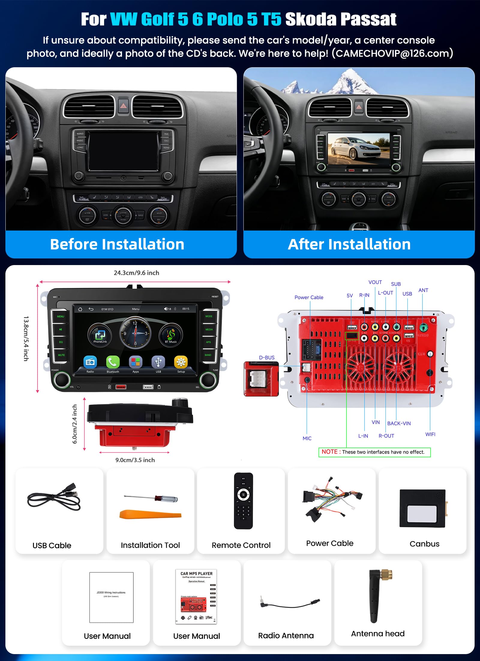CAMECHO Odtwarzacz samochodowy z CarPlay dla VW Golf 5 i 6 oraz Polo z Android Auto ekranem dotykowym IPS 7 cali 2 Din radio FM AM RDS Bluetooth MirrorLink dwa porty USB SWC i Canbus