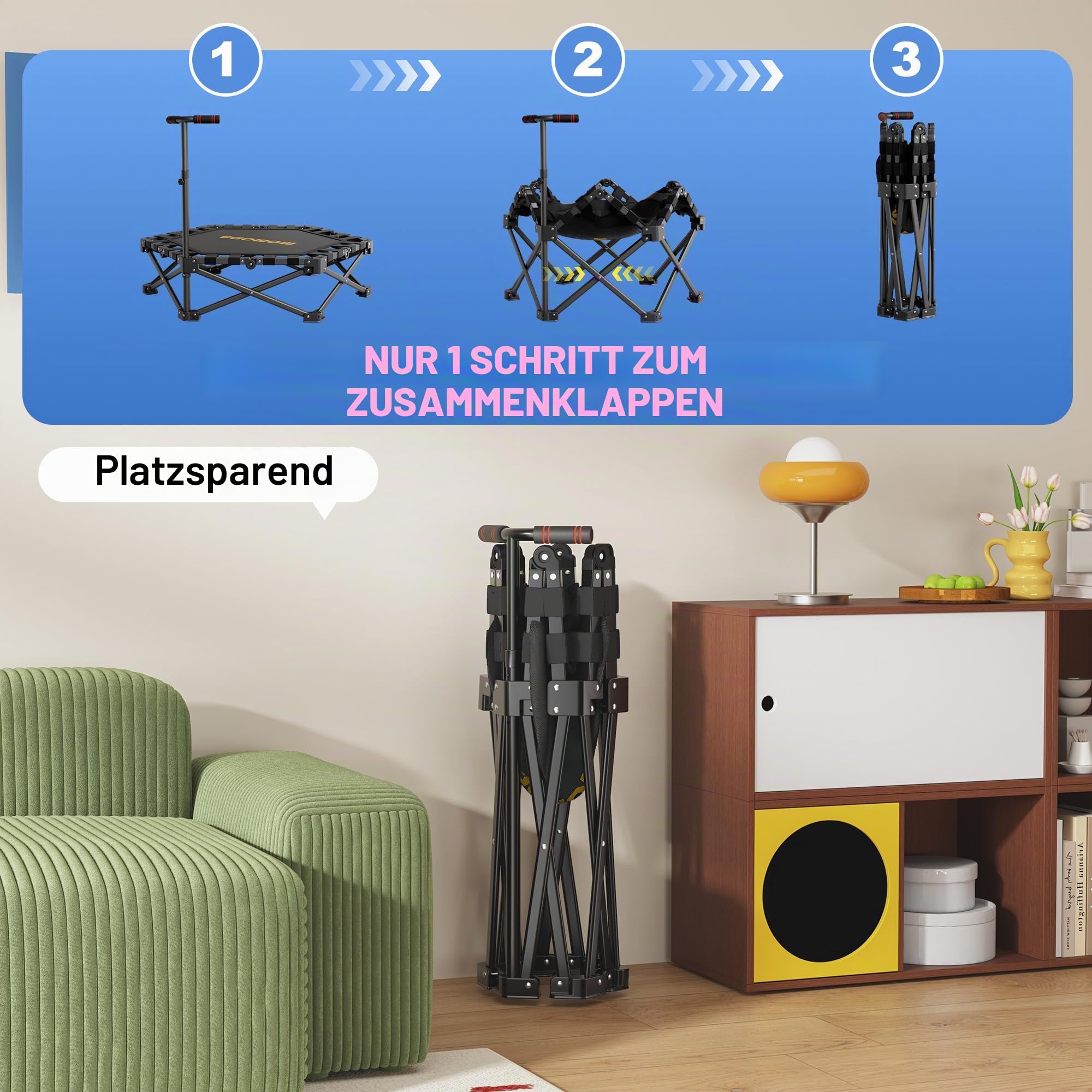 MOMODA Klappbar Fitness Trampolin Indoor mit Griff, Keine Installation Rebounder für Kinder und Erwachsene, Durchmesser 106 cm
