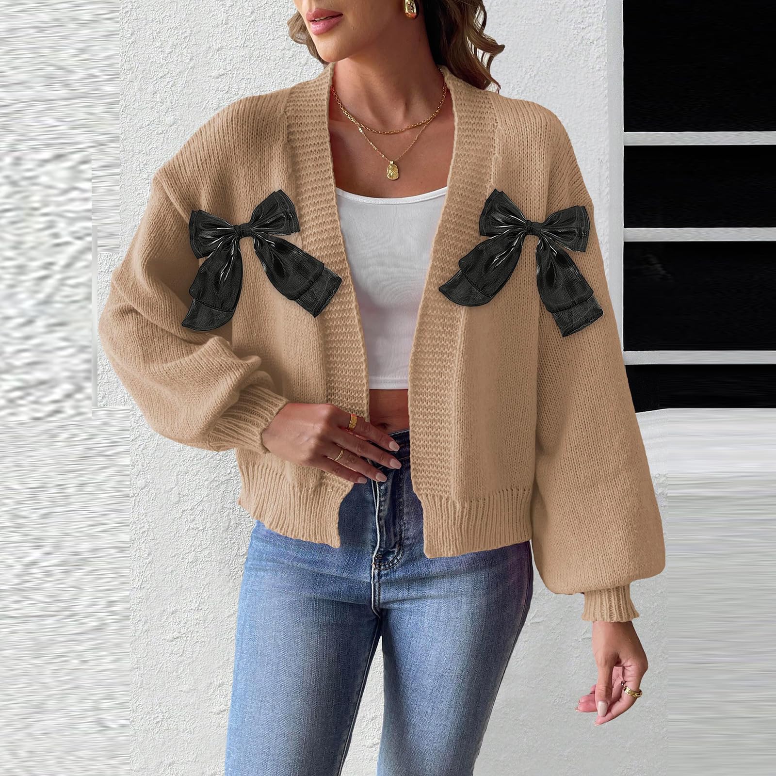 Strickjacke Damen Mit Schleife Übergangsjacke Kurz Jacke Puffärmel | Strickjacken Elegant Cardigan Open Front Kurzjacke Übergang Strickmantel Langarm Jacket Frauen Modern Übergangsmantel