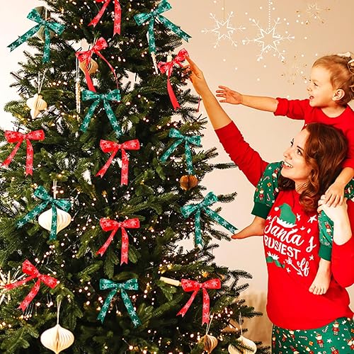 Miniatura 5 de DECYOOL - 4 rollos de cintas de Navidad de copos de nieve de 100 yardas para envoltura de regalos, cinta de satén roja y verde de 0.59 pulgadas de