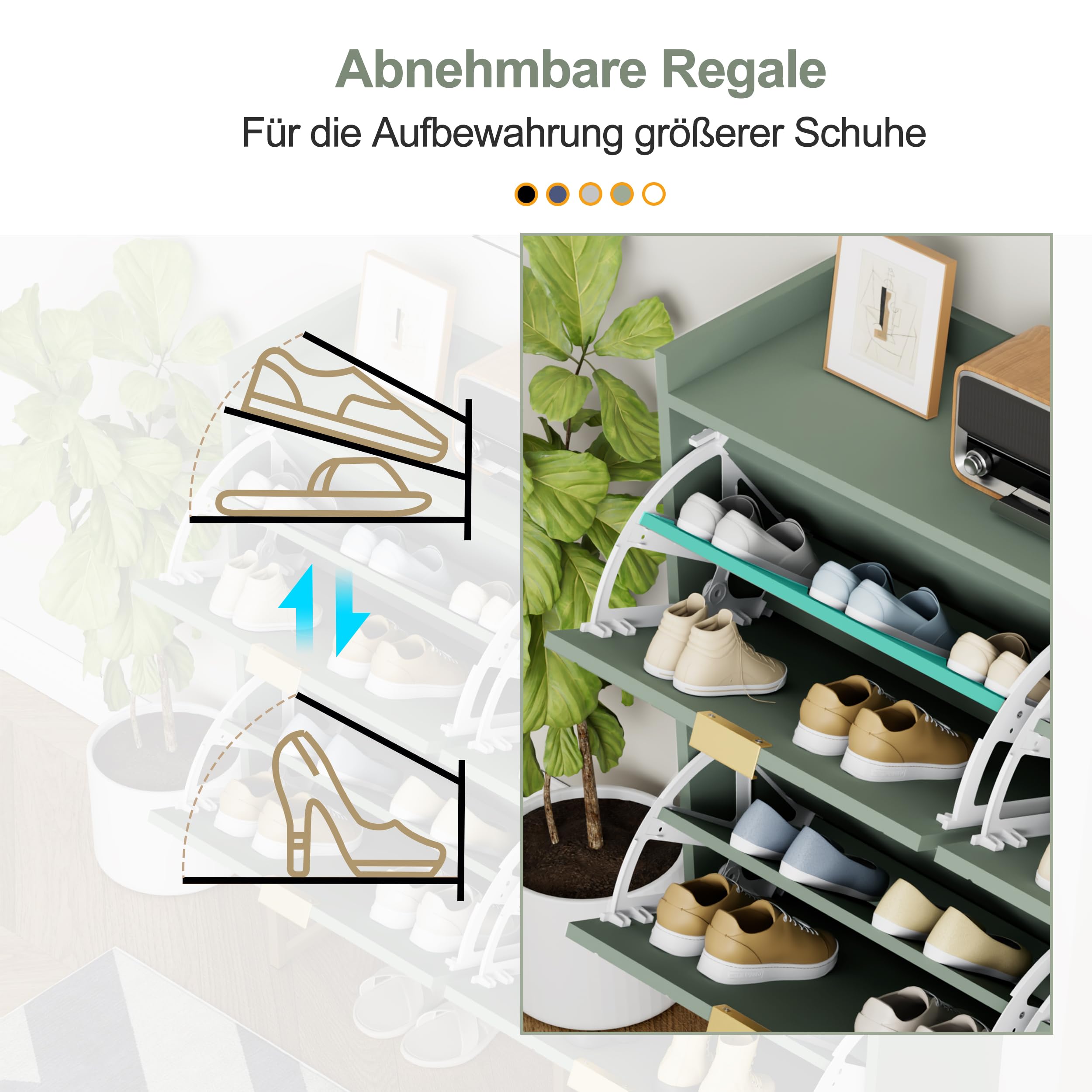 UEV Schuhschrank mit 4 Klappen Schmal,Freistehendes Schuhregal mit Kippschutz, Schuhkommode mit verstellbaren Trennwände, 98,5x24x103,5cm,Schuhablage Schrank für Flur Eingang und Wohnzimmer,Grün