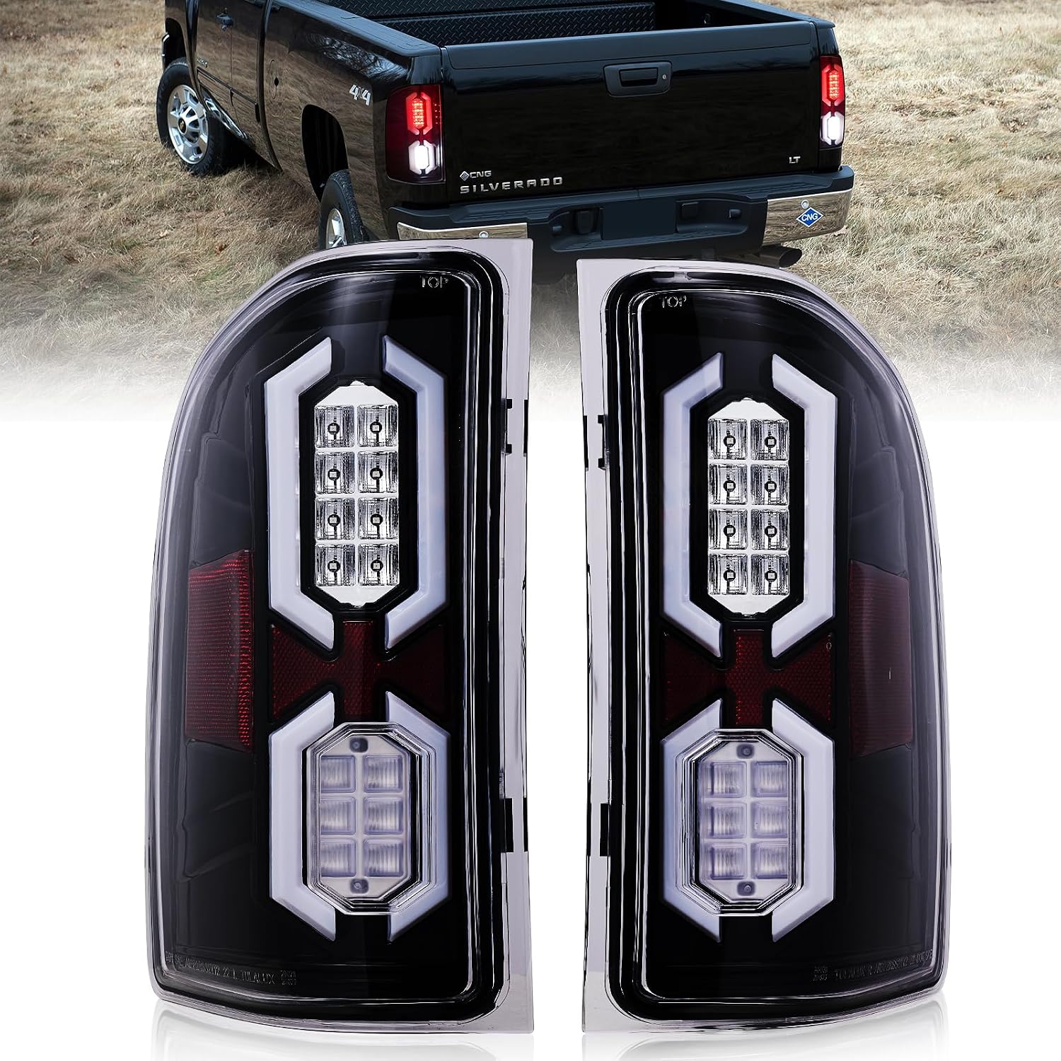 Compatible with Chevy Silverado 1500 2500 HD 3500 HD 2007-2013 LED Tail Lights assemblies Wiring Harness tail lamp (Black housing/Clear Lens) 2pcs