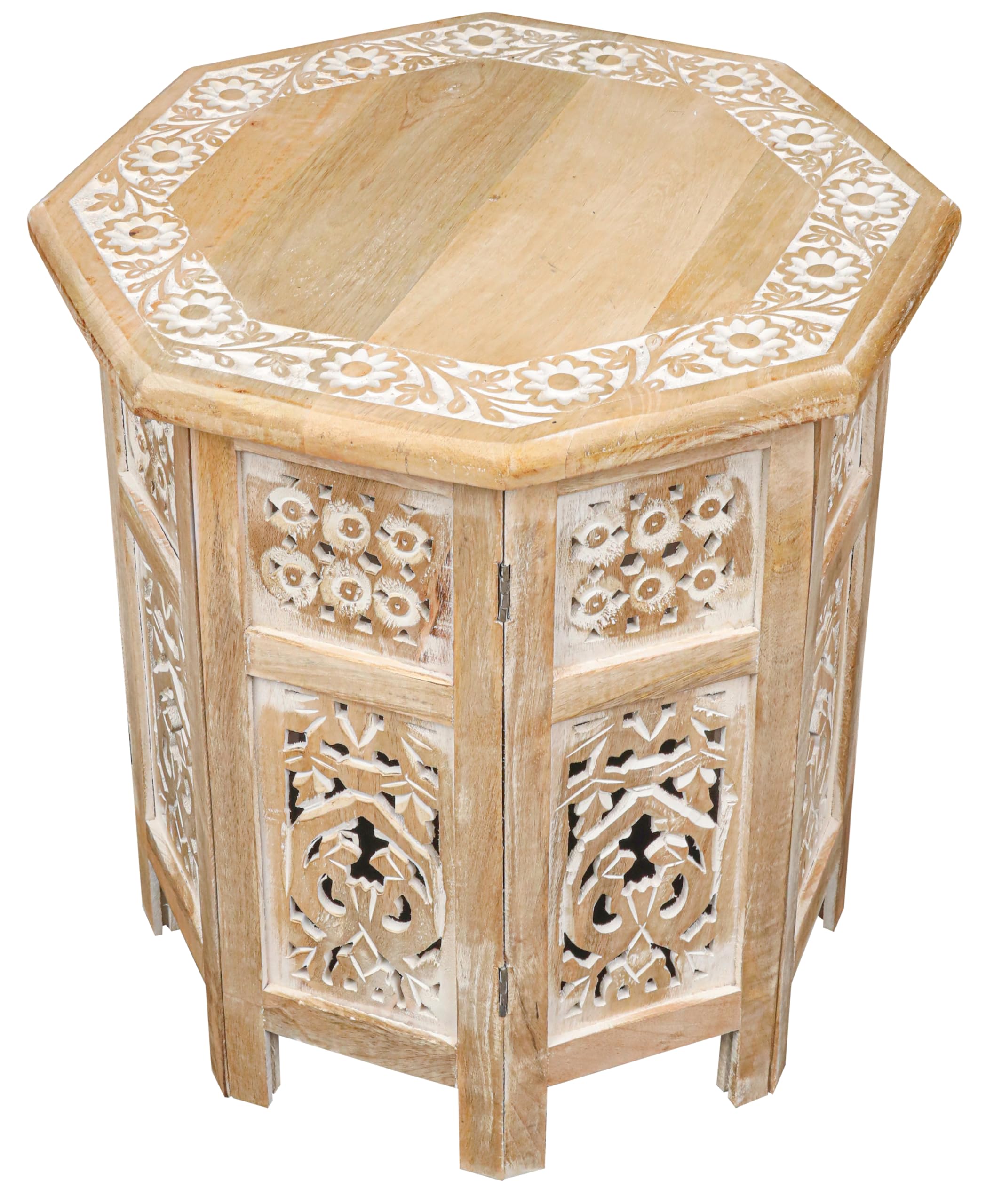 Hand Carved Folding End Table 18x18", Vintage Boho Octagon, White Wash