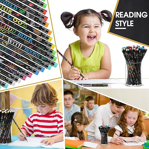 Miniatura 4 de Pasimy 120 lápices de madera de lectura, lápices negros novedosos con borrador, lápices inspiradores con refranes para niños, estudiantes,