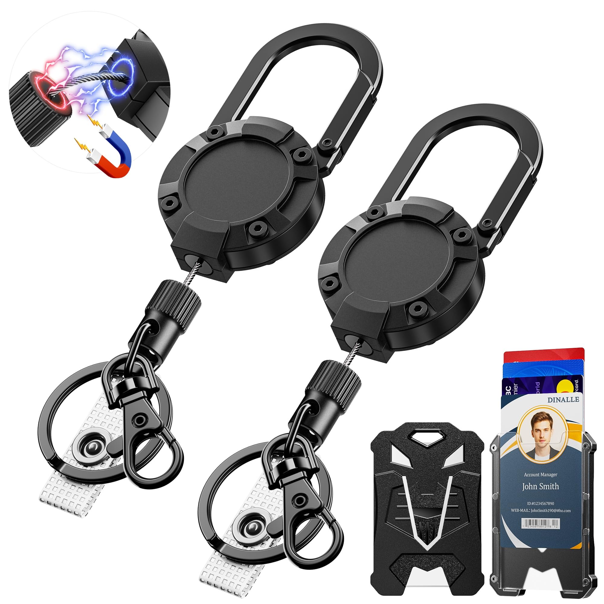 DINALLE 2 Pack Retractable Keychain, Heavy Duty Carabiner Badge Holder Clip with 27" Stainless Steel Cord & Magnetic Closure - Includes Keychain, Carabiner Clip, and Tactical ID Badge Holder