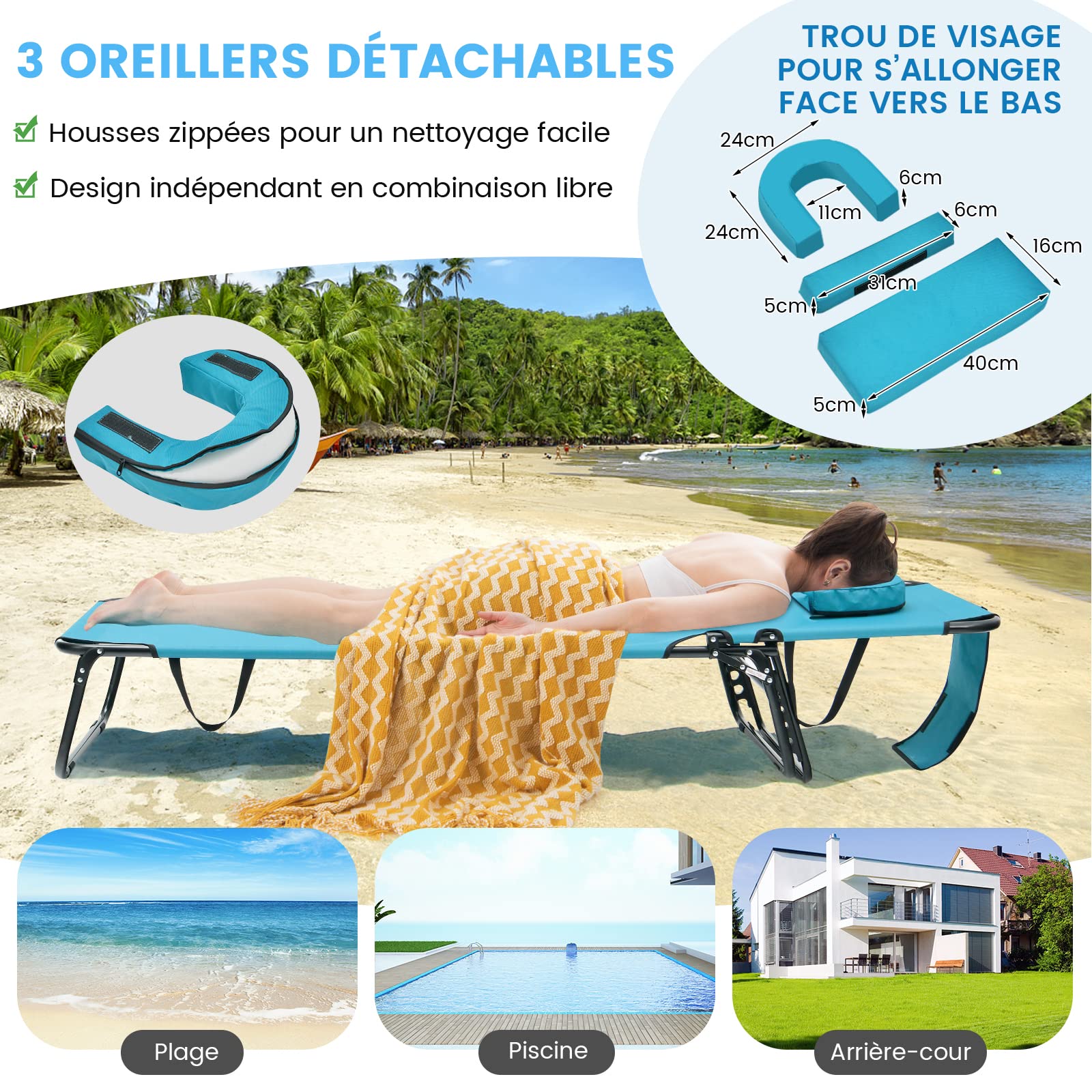 COSTWAY Chaise Longue Pliante, Bain de Soleil Réglable à 5 Positions, Charge 150kg, Trou pour Visage, 3 Coussins Amovible, Tissu Oxford, Sangle, Transat Jardin Exterieur pour Plage Piscine(Turquoise)