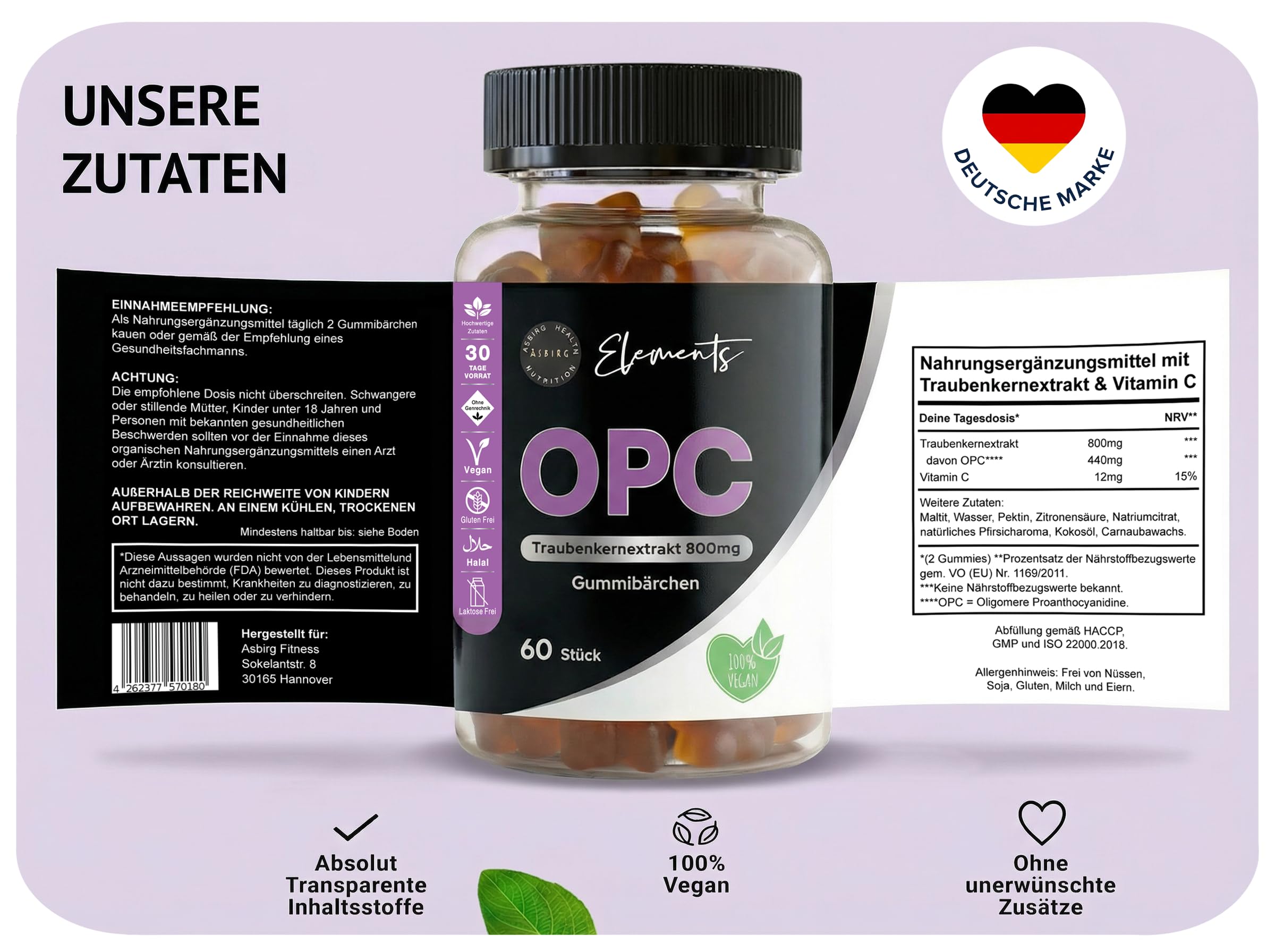 OPC – Traubenkernextrakt 800 mg Gummibärchen mit Vitamin C – 60 Stück – Hochdosiert, Vegan, Glutenfrei, Halal – Antioxidativer Zellschutz & Immunsystem-Unterstützung – Asbirg Elements