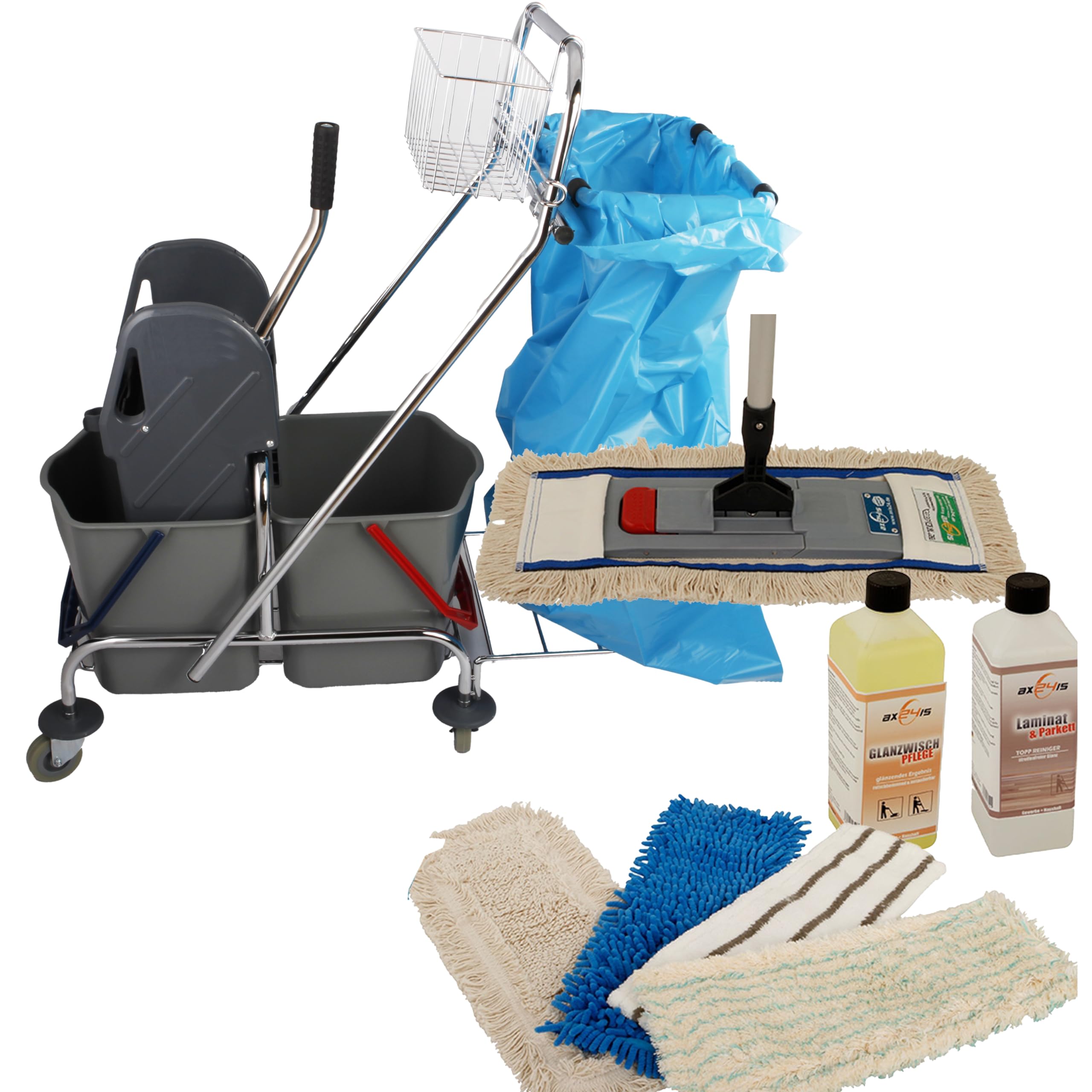 Kit de Limpieza Profesional: Mopa Magnética y Cubo Doble de 17L | Incluye 5 mopas de recambio, mango ergonómico y 2 limpiadores de 1L para suelos de parqué, laminados y baldosas.