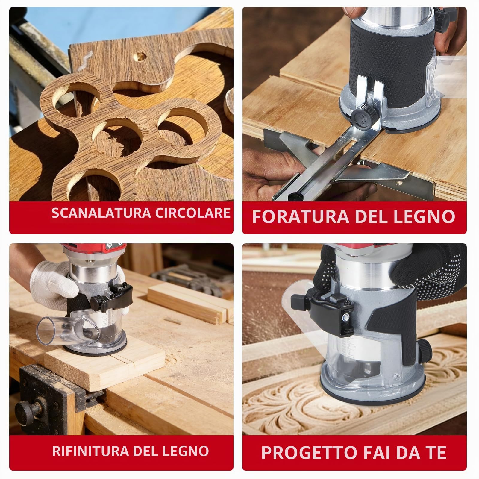 ONEVAN Fresatrice batteria, profondità 30mm, con 3 pinze e 2x 3,0Ah | 6 velocità, brushless, display digitale, pinze 6/6,35/8 mm, collegabile all'aspiratore [produzione di mobili] [fai-da-te]