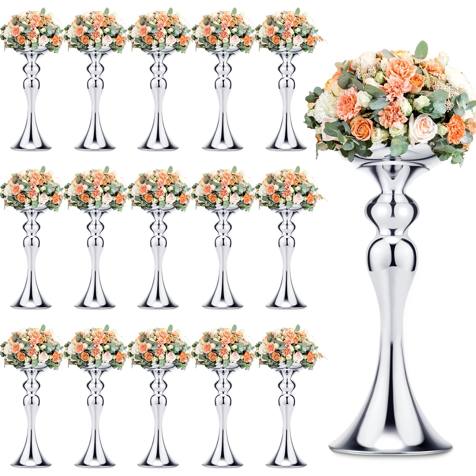 Sadnyy 16 Pcs Metal Flower Arrangements Stand Metal Wedding Flower Centerpiece Stand Tall Table Decor Flower Vase for Wedding Reception Centerpieces Event Party Hotel Home Decor (Silver,12.6 Inch)