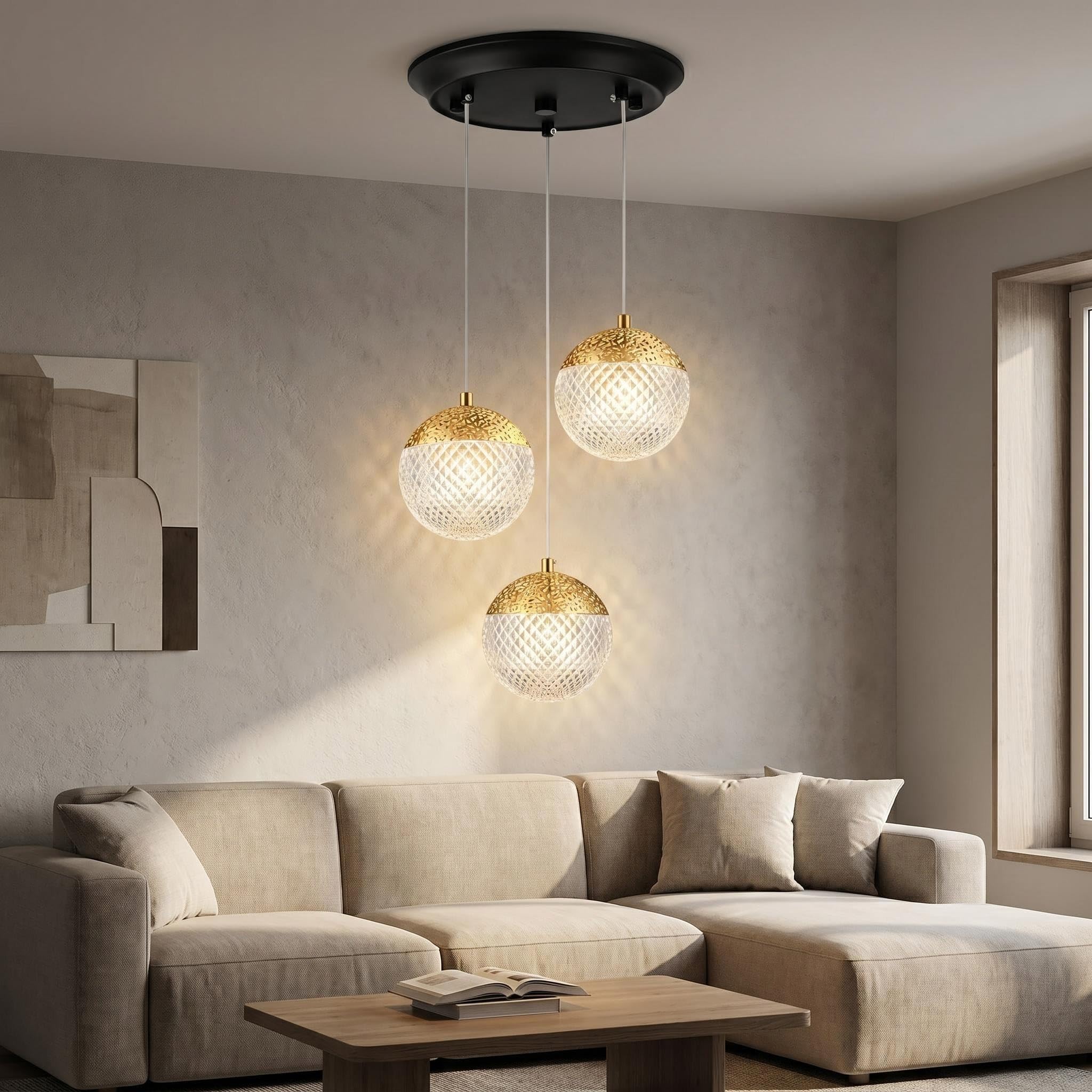 Suspension Luminaire 3 lampes,G9 luminaire plafonnier 3 spot LED,Lampe suspendue Éclairage moderne Chandelier globe réglable pour la maison Cuisine Chambre à coucher Salon Salle à manger,doré