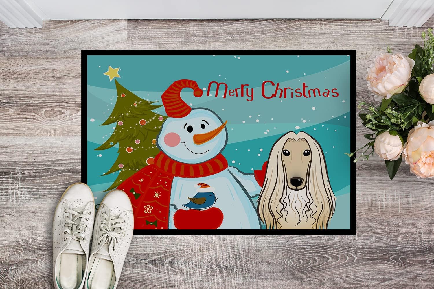 Caroline's Treasures BB1864JMAT Snowman with Afghan Hound Doormat 24x36 Front Door Mat Indoor Outdoor Rugs for Entryway, Non Slip Washable Low Pile, 24H X 36W