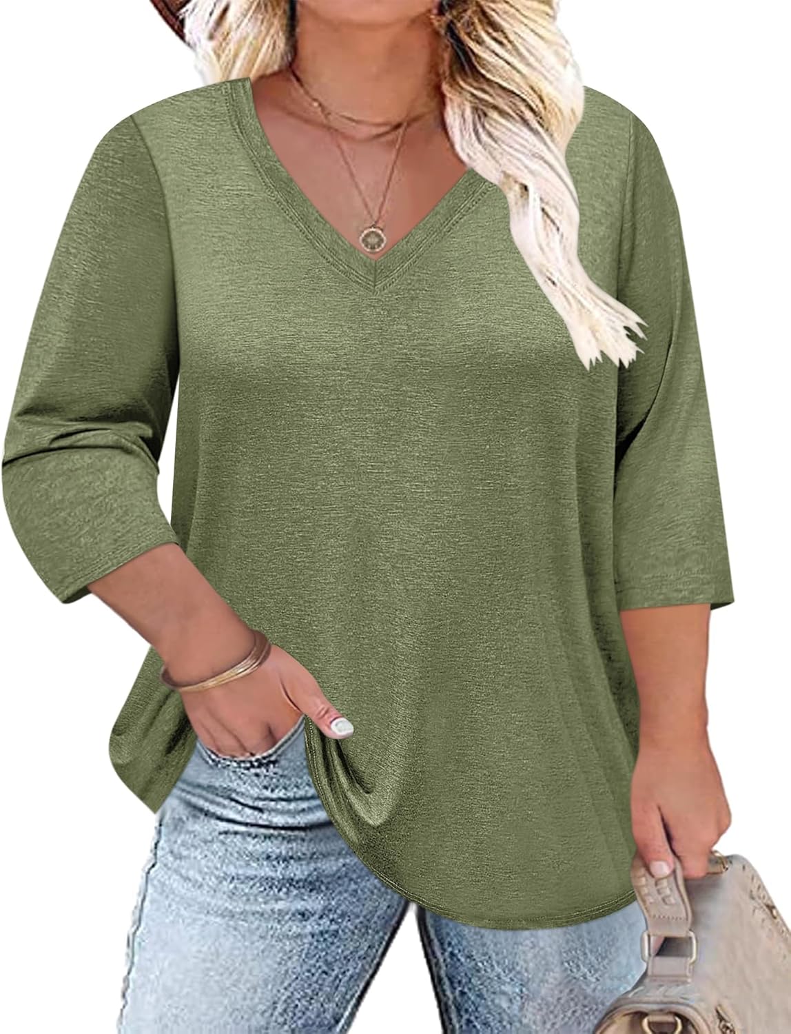 Halife Womens Plus Size Tops 3/4 Sleeve V Neck T Shirts Casual Loose Basic Tunic Tees XL-5X