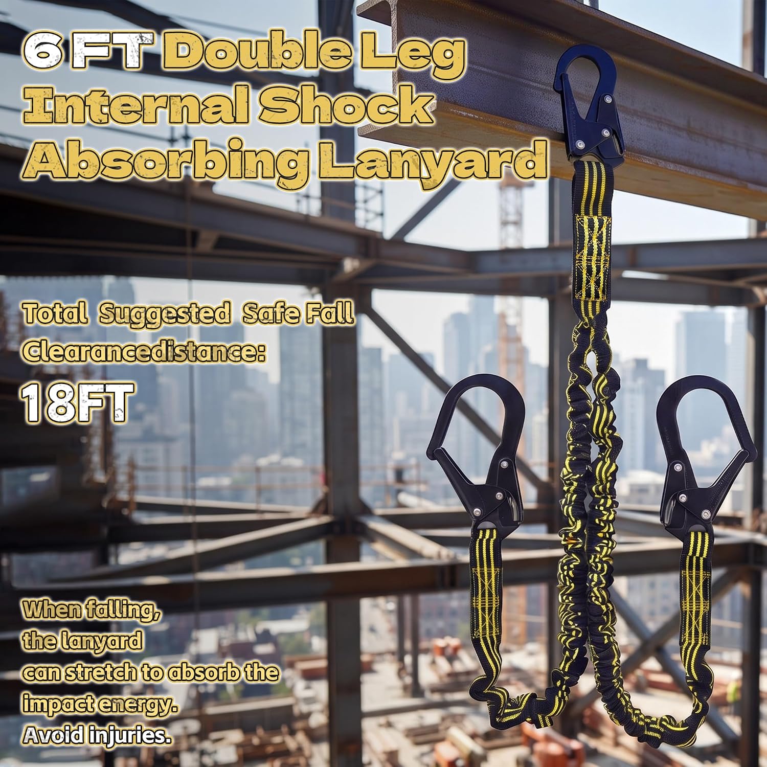 KJE Safety Harness Lanyard- Fall Protection 6FT Internal Shock Absorbing
