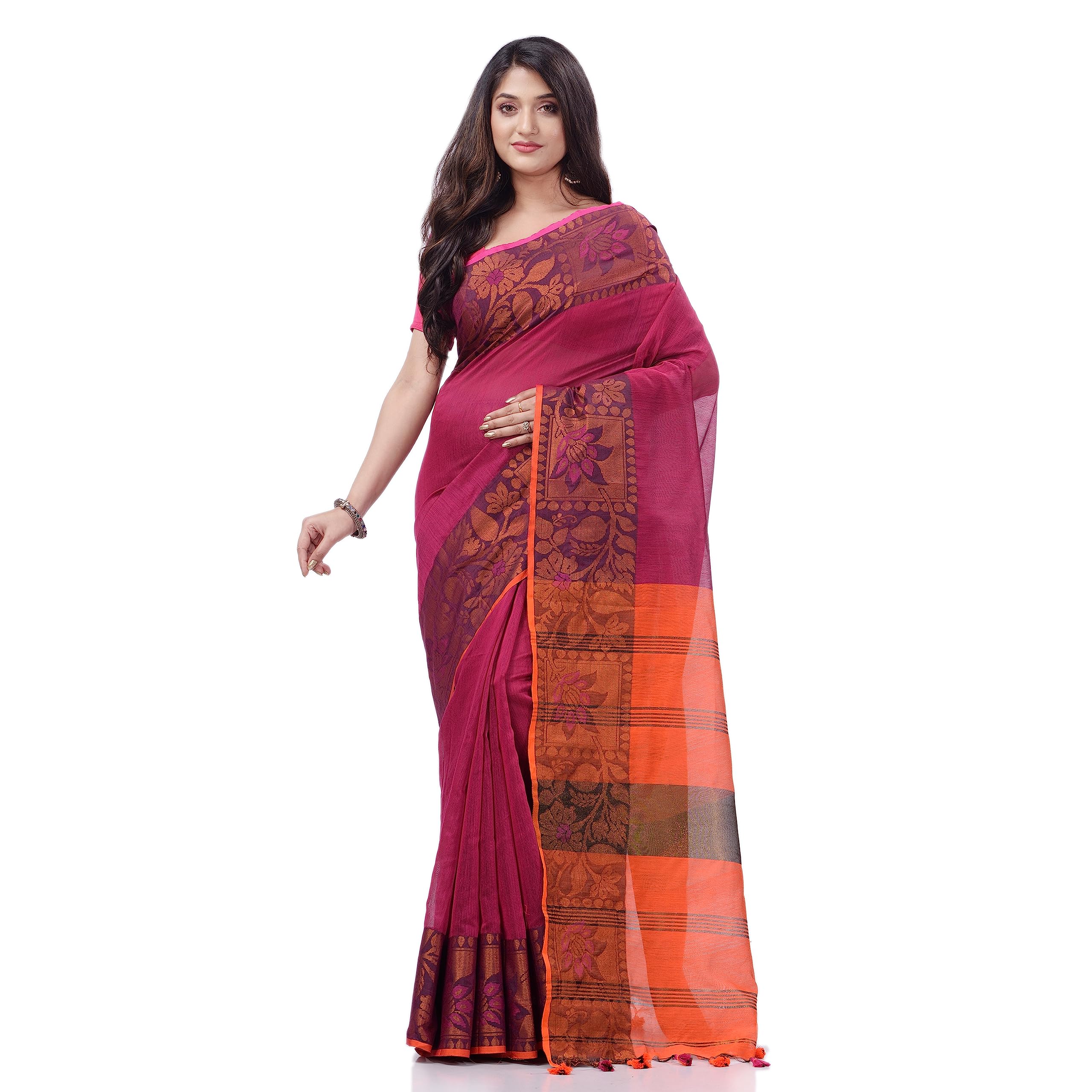 Women`s Tant Cotton Silk Handloom Cotton Saree Pushpomala With Blouse Piece