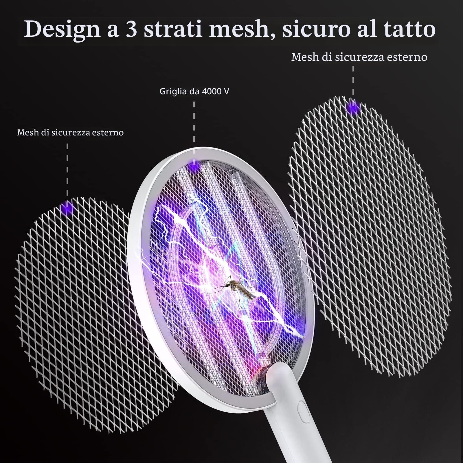 2-in-1 Racchetta Zanzare Elettrica, 2X 4000V Racchetta Antizanzare, USB Base di Ricaricabile, e Lampada UV, Protezione Maglia a 3 Strati, Adatto per Casa, Giardino, Interni ed Esterni