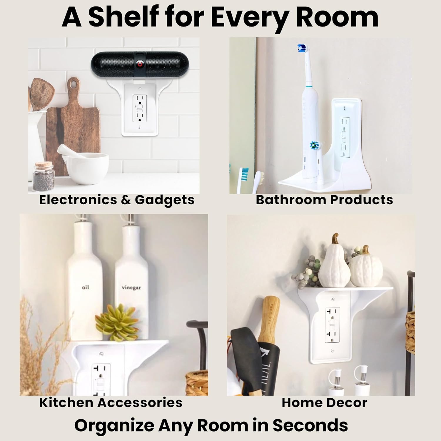 Power Perch Outlet Shelf, No Drill Renter Friendly Shelves, 1-Pack White | Wall Outlet Extender Plug In Shelf, Echo Show 5 Stand & HomePod Mini Mount, Alexa Holder, Cord Storage Strap, USA Made