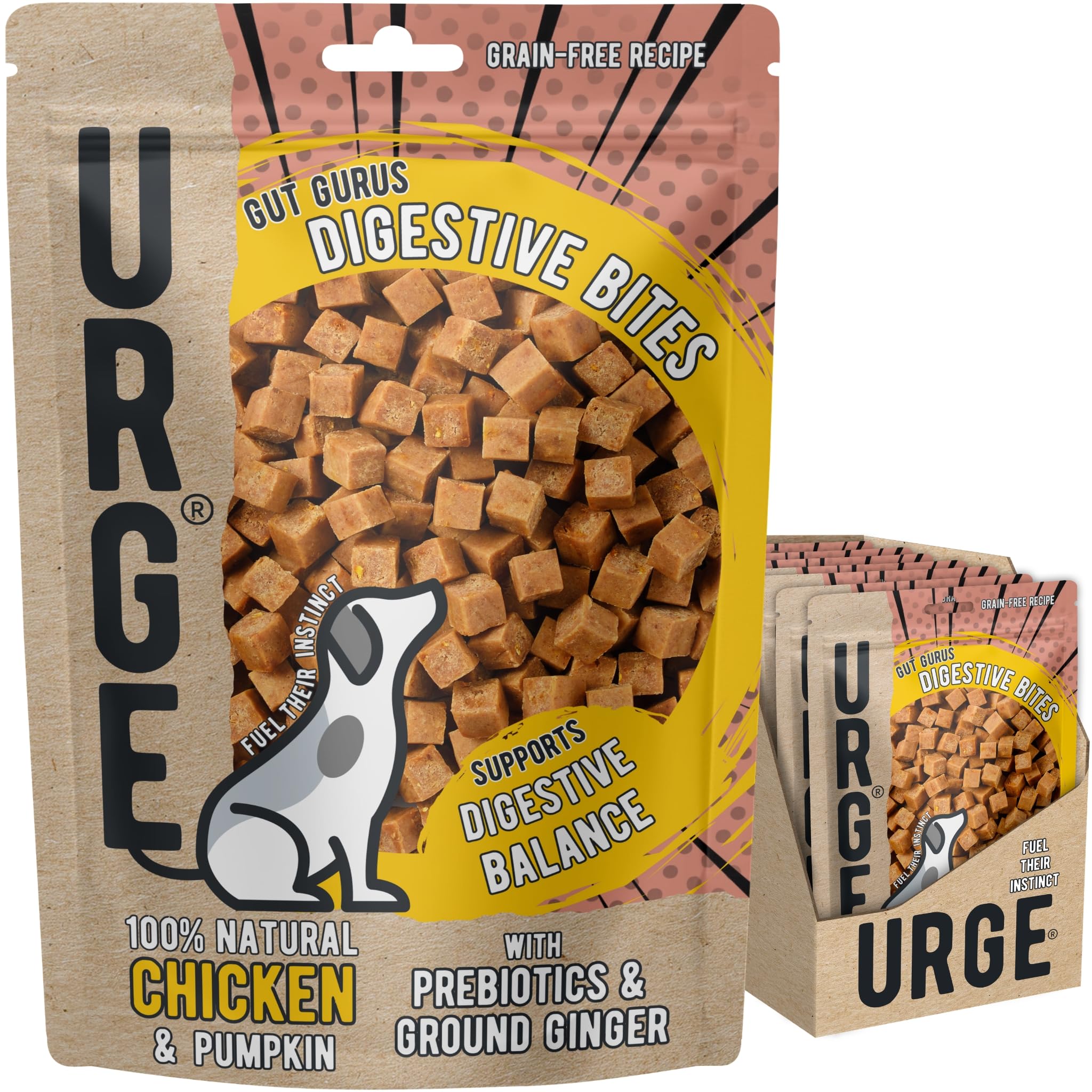 URGE Gut Gurus Digestive Bites Daily Dog Treats - 8 x 100g Bags - 100% Natural Chicken, Pumpkin, Prebiotics & Ground Ginger - 100% Grain Free - Supports Digestive Balance