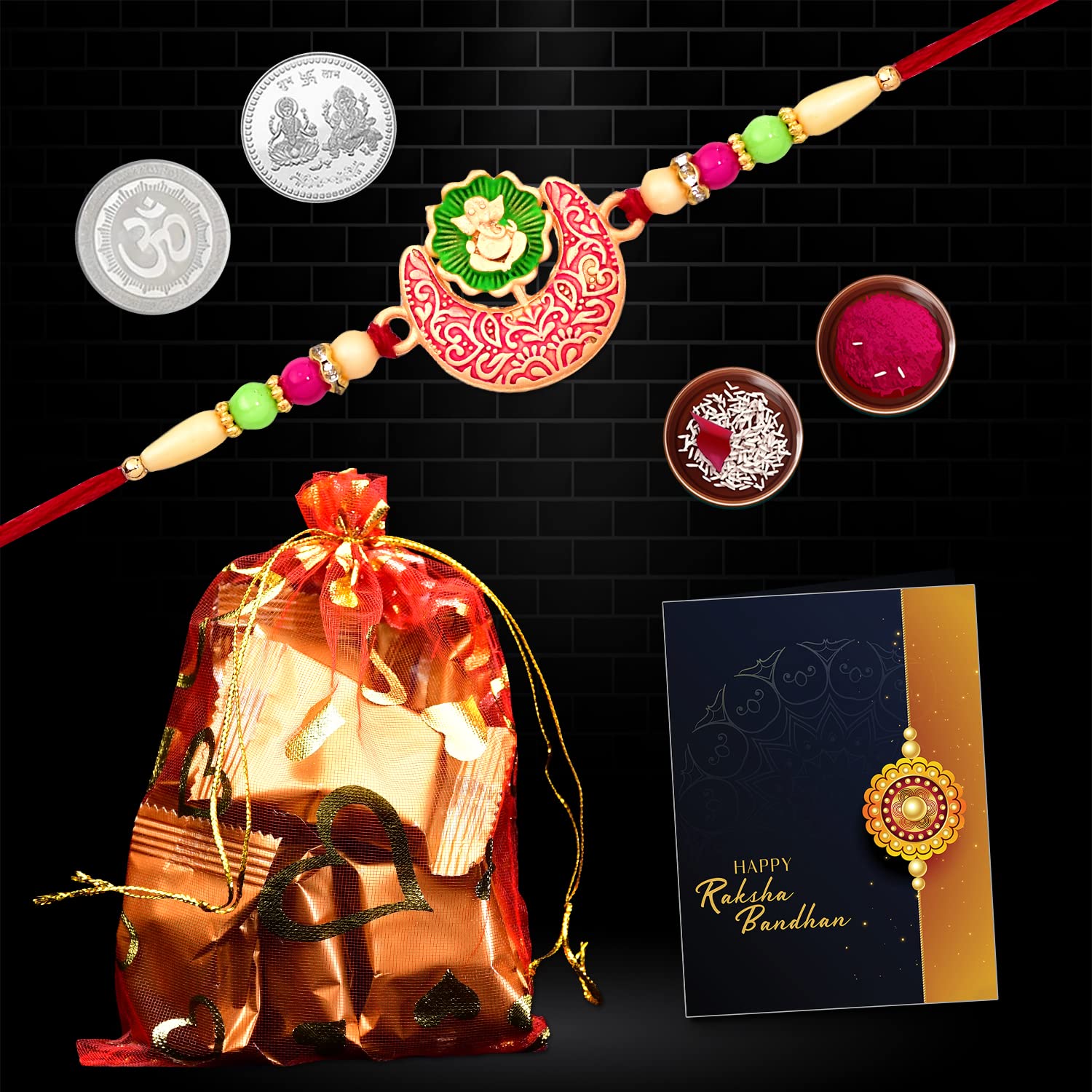 Effete (K1_518_PC10) Multicolor U-shaped pink rakhi Combo with 10pcs Chocolates, Silver Color Pooja Coin, Roli Chawal & Greeting Card | Occasion | Rakhi for brother with gift | bracelets for men stylish |rakhi combo for brother | Set of 1 Rakhi | Rakhi Chocolate Gift combo |-image-42