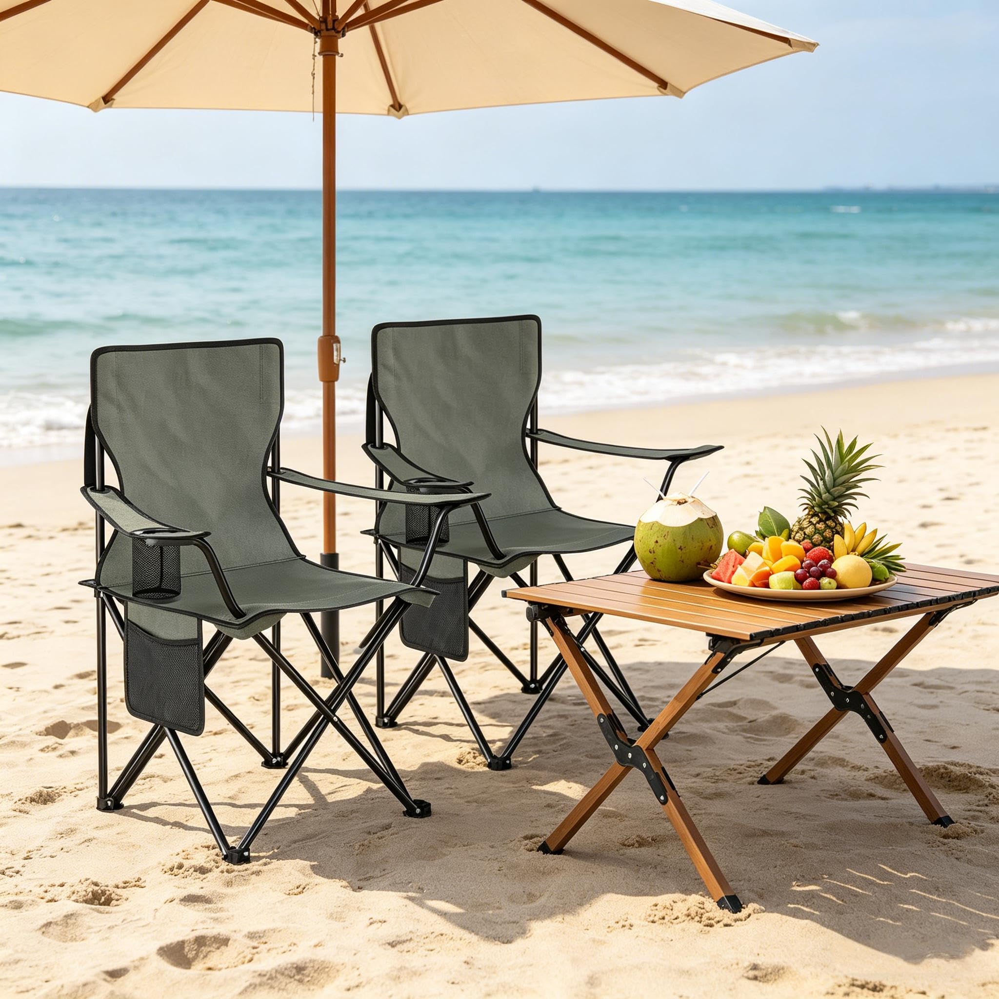 Lot de 2 chaises de camping pliantes avec porte-gobelet, chaise de plage et chaise de pêche, chaise de camping d'extérieur avec cadre en métal, tissu Oxford, gris foncé