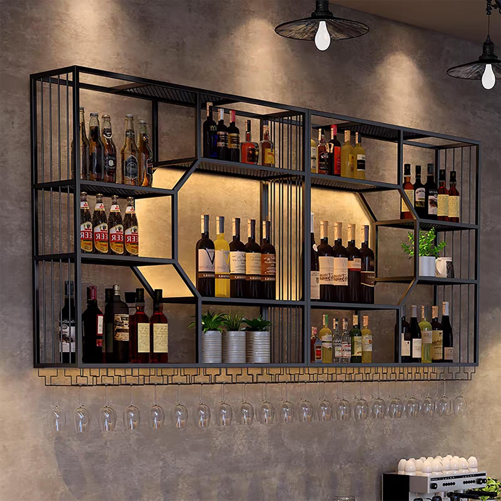 Botellero de metal montado en la pared con luz LED, estante de hierro para licor y soporte de vidrio, gran almacenamiento flotante para cocina y sala de estar, estante de exhibición de botellas negro