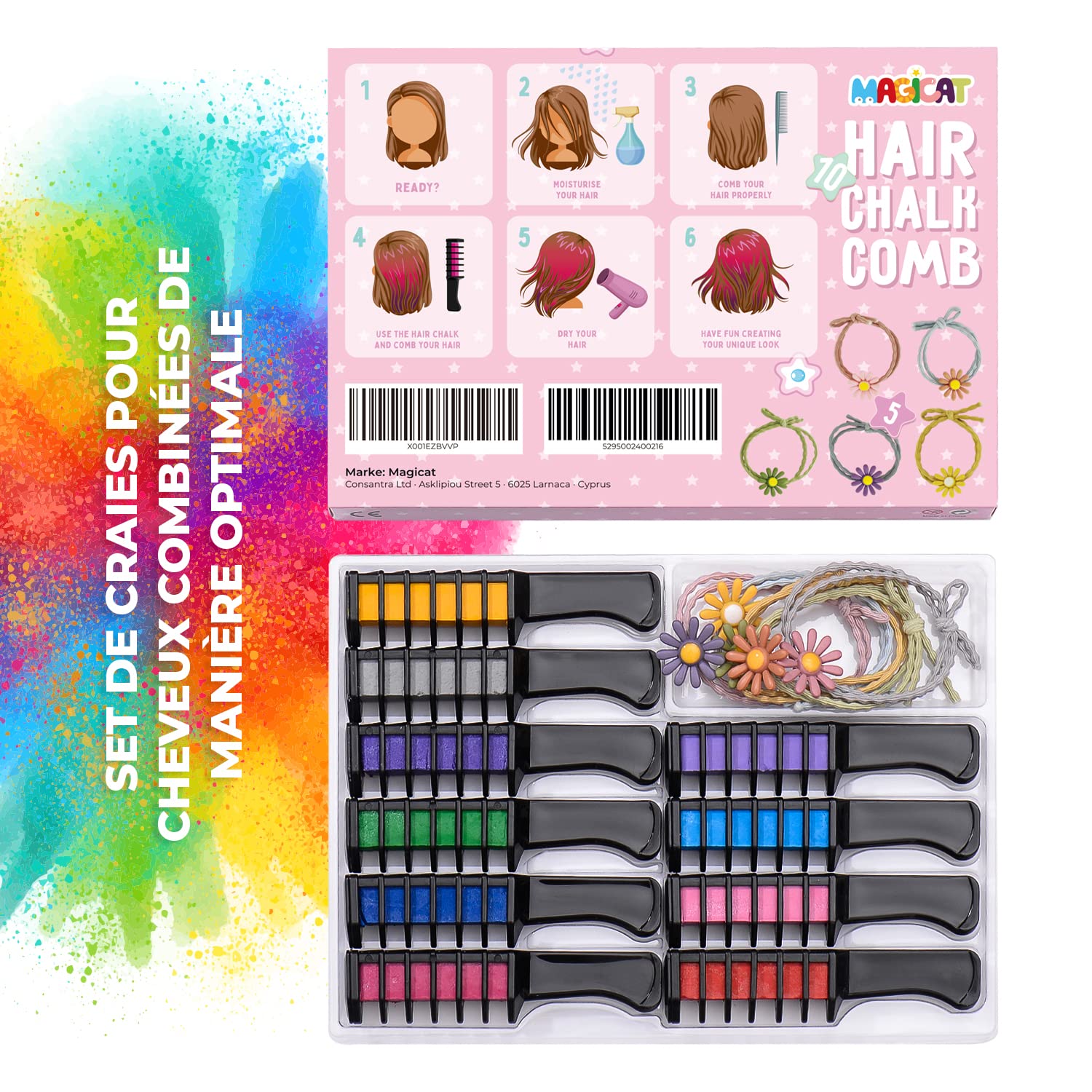 Magicat PEIGNE À CRAIE POUR CHEVEUX Set - 10 couleur de cheveux pour enfants et 5 élastiques I Pour anniversaire ou cadeaux pour filles I Couleur lavable I Accessoires de cheveux