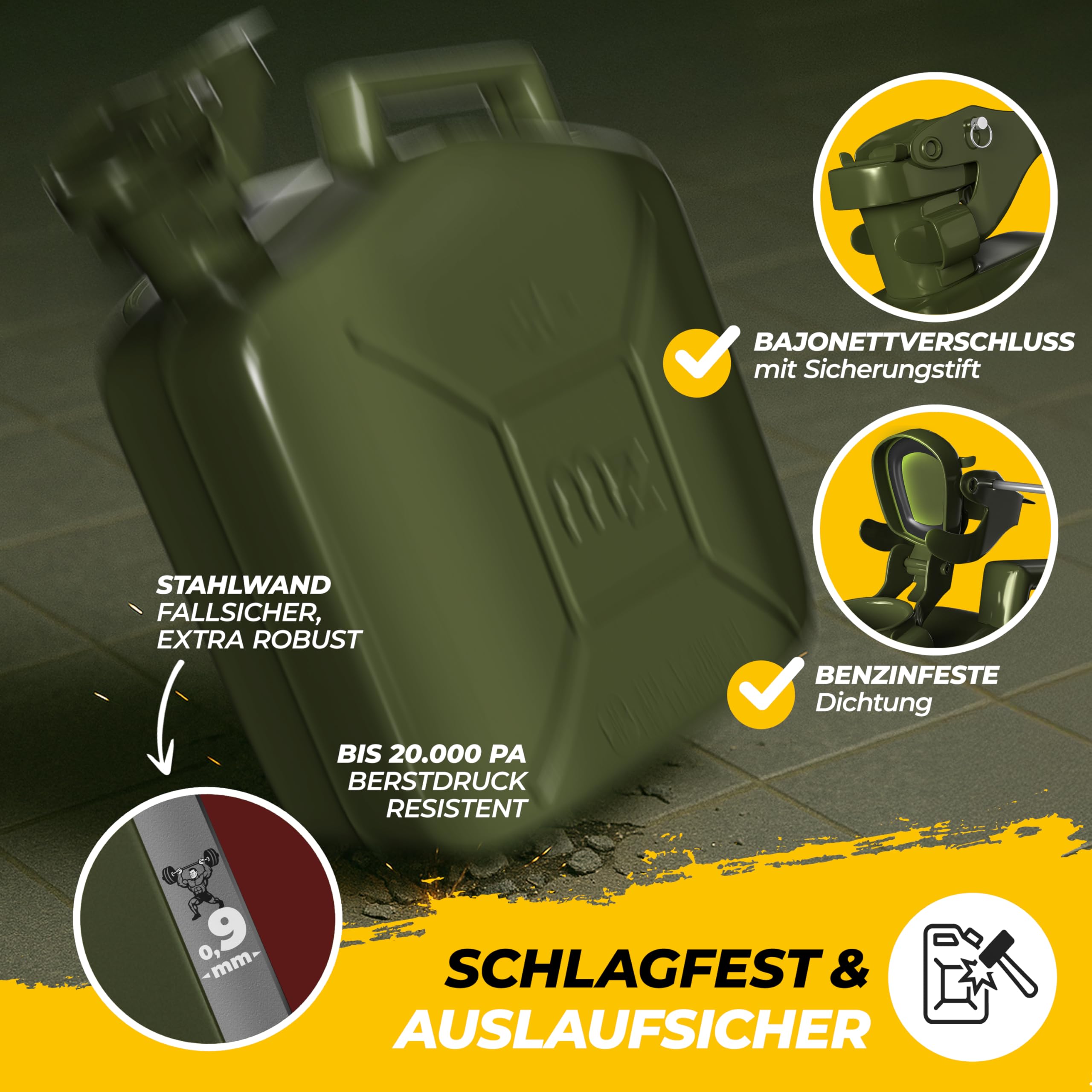 MONZANA Metallkanister 3er-Set 20 L Stahl UN-Zulassung Benzinkanister oliv
