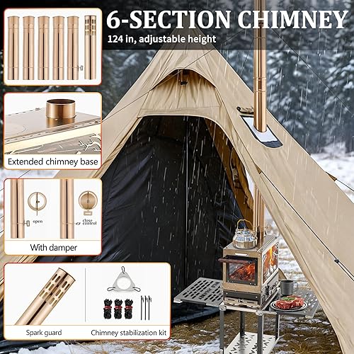 Miniatura 9 de Estufa de leña, estufa de leña, estufa de tienda de campaña caliente, estufa de campamento portátil de acero inoxidable con horno y base y 6 tubos