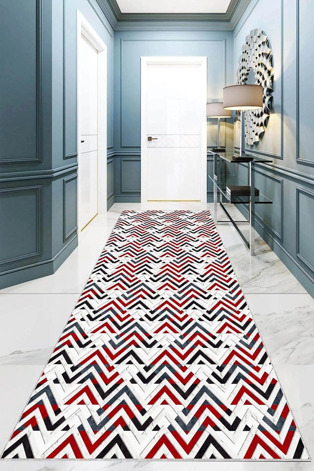 Pelangi Geometrik Zigzag Desenli Dijital Baskı Yıkanabilir Kaymaz Taban Klasik Salon Halısı, Bordo 60 x 200, 95541421602007