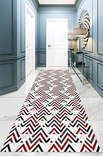 Pelangi Geometrik Zigzag Desenli Dijital Baskı Yıkanabilir Kaymaz Taban Klasik Salon Halısı, Bordo 60 x 200, 95541421602007