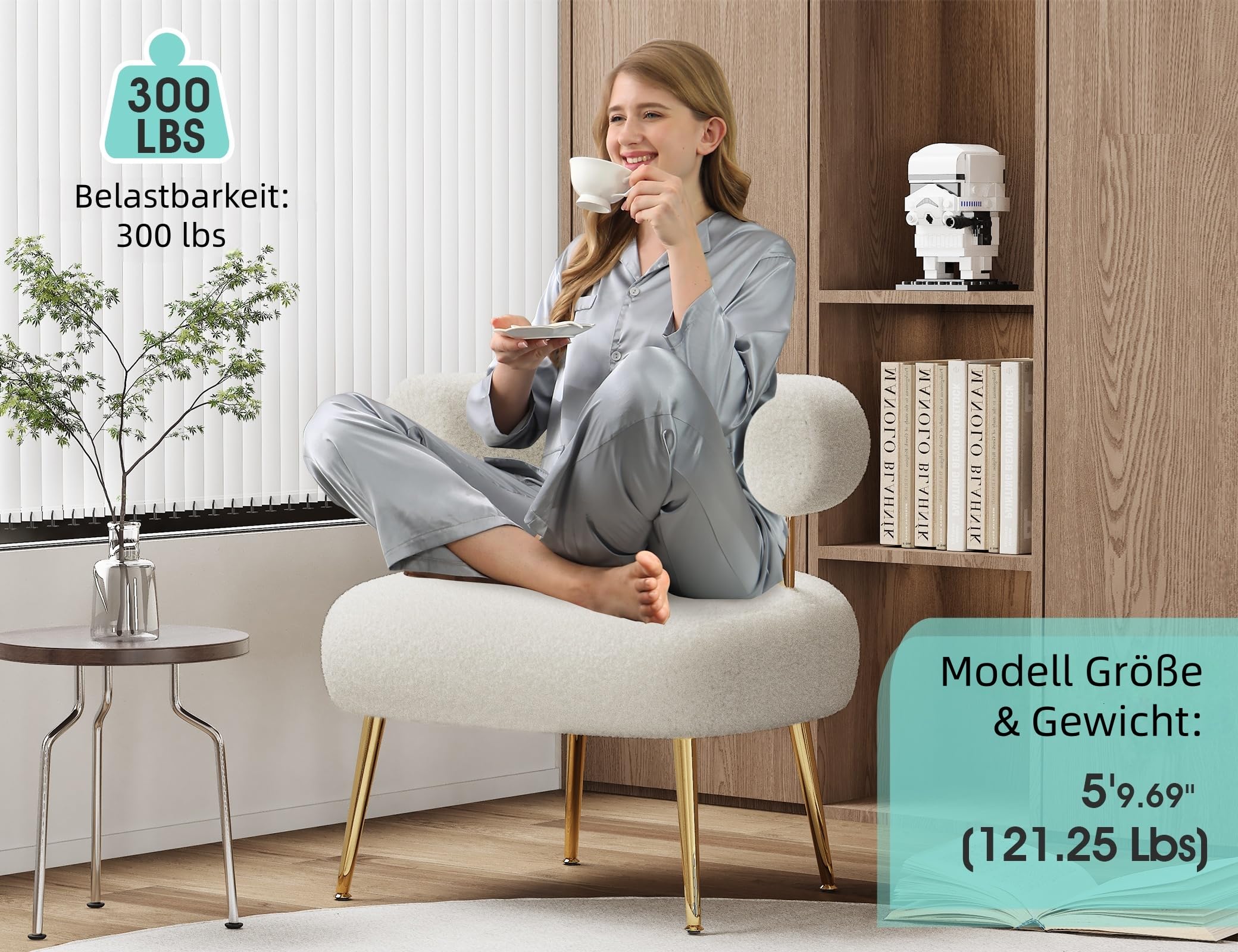 Teddy Sessel mit Sherpa-Bouclé, Polsterstuhl mit goldenen Metallfüßen, Loungesessel mit U-Rückenlehne, Akzentstuhl für Wohnzimmer, Schlafzimmer, Büro oder Schminktisch(Weiß)