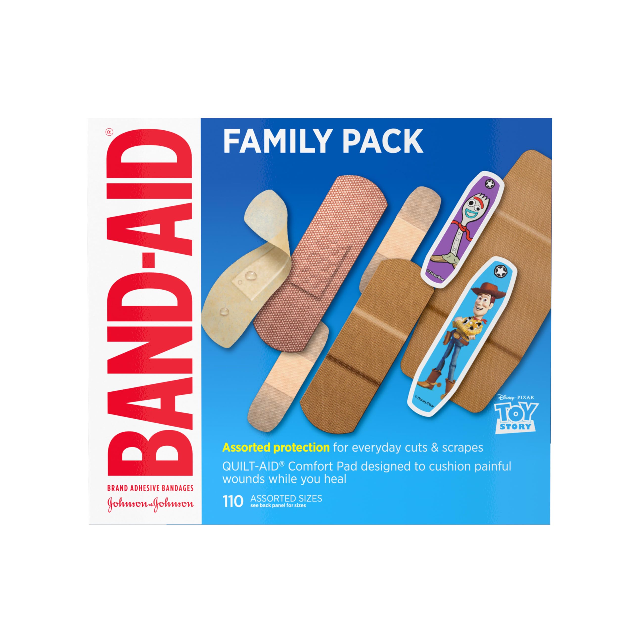 Brand Adhesive Bandage Family Variety Pack in Assorted Sizes Featuring Water Block Flex, Flexible Fabric, Skin-Flex, Tough Strips & Pixar Character Bandages, 110 ct