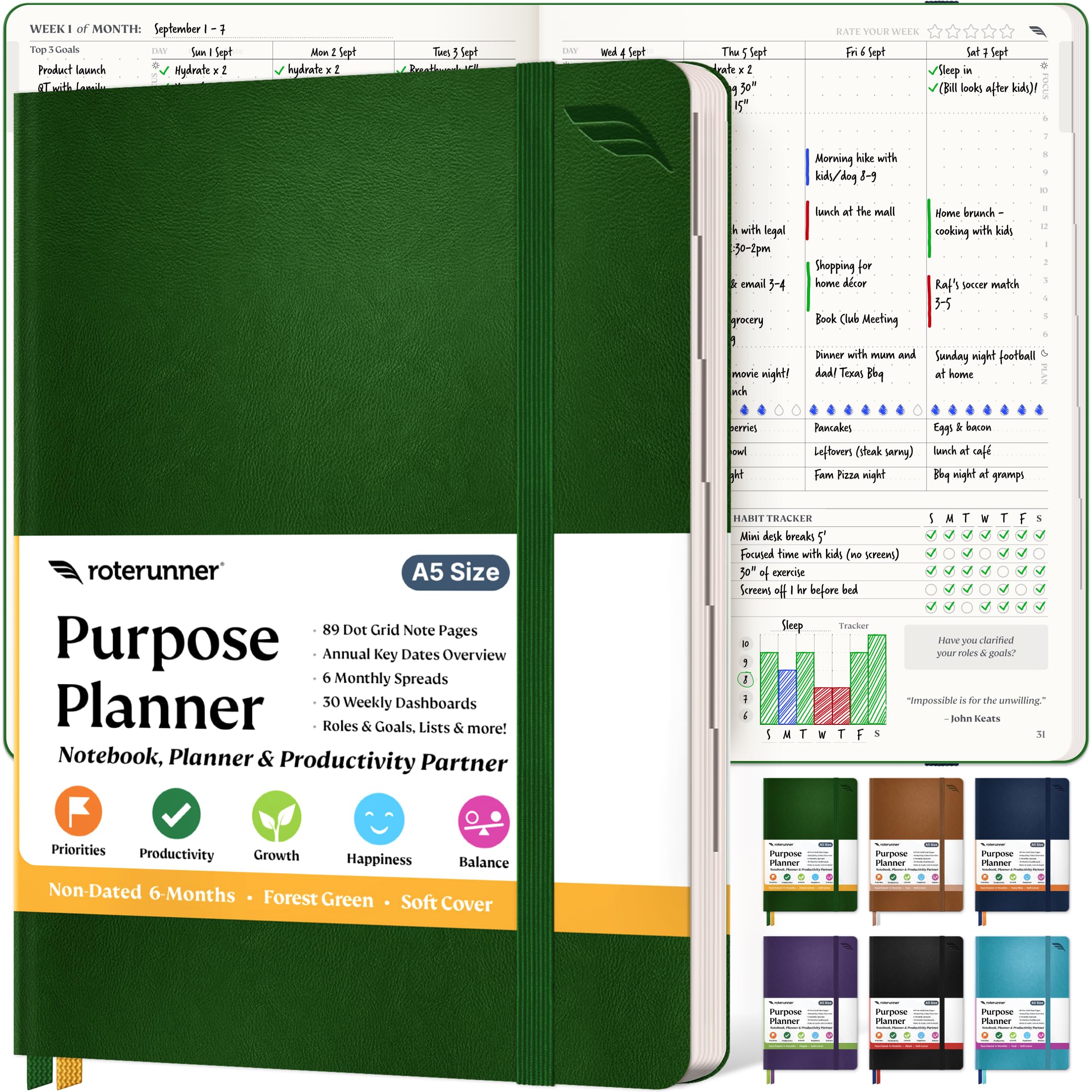 Purpose Planner A5 Undated Monthly Weekly Daily Productivity Journal 2024 Life Health Goal Setting Business Tool for Professionals Moms Academic Student Organizer Notebook (5.8"x8.3" Green Softcover)