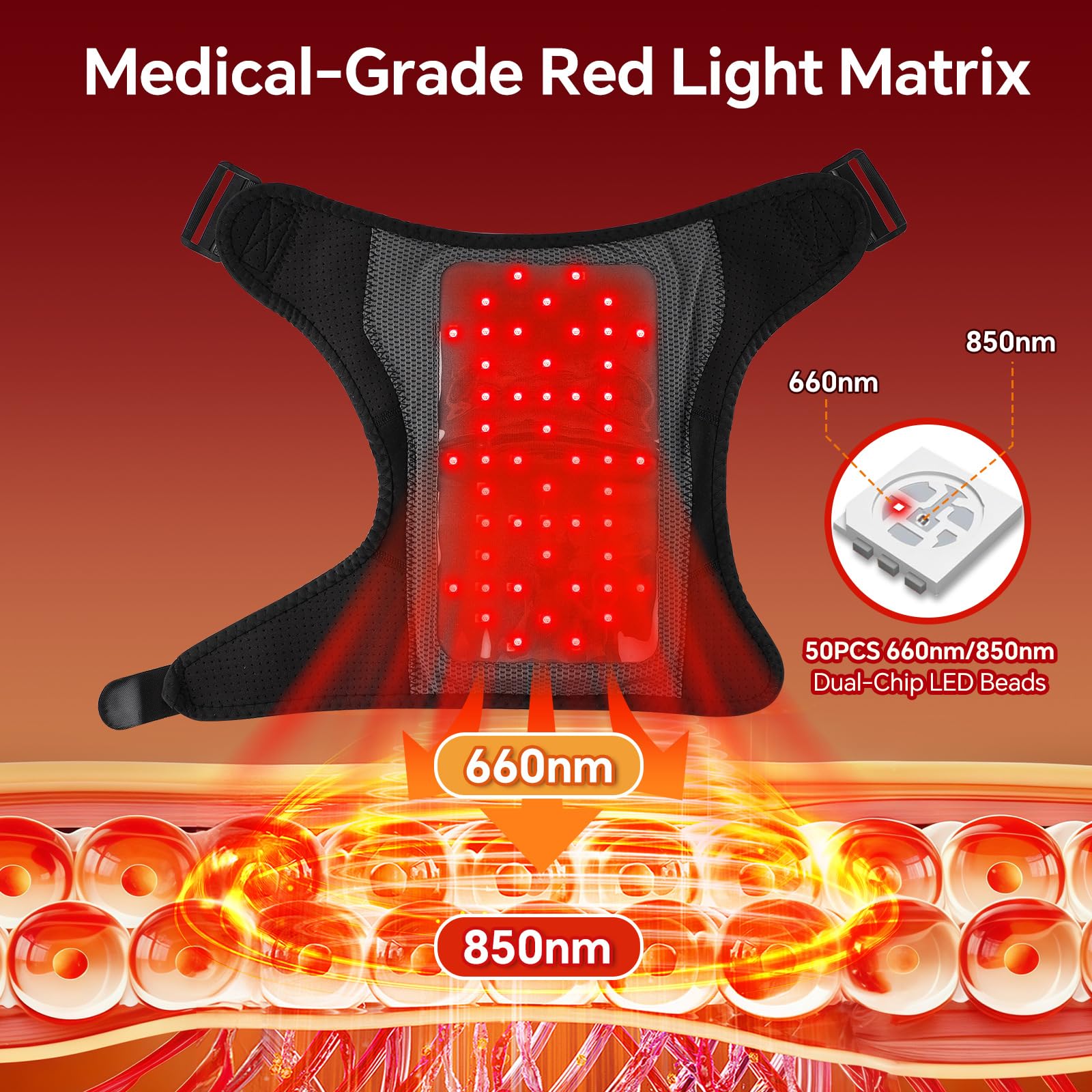Kabellose Beheizte Schultermassageauflage 660-nm- & 850-nm-LED-Licht | mit 3 Heizstufen & 3 Vibrationsmodi, 3 Minuten Timer, Touchscreen-Steuerung, 5000mah-Akku