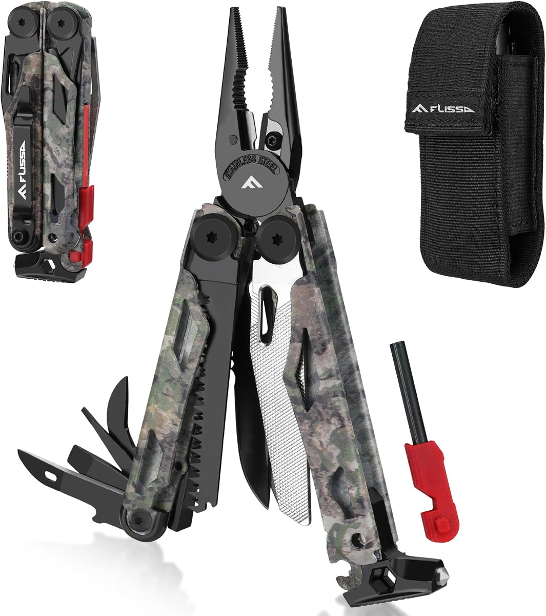 18-in-1 Camo EDC Multitool Pliers Fire Starter with Sheath | Equipped with Fire Starter, Window Breaker, Whistle, Stainless Steel, Perfect for Survival, Simple Repair, Camping