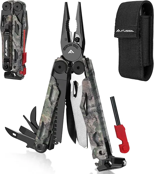 FLISSA Multitool, 18 in 1 Camo Multitool Pliers with Fire Starter, Window Breaker, Whistle, Stainless Steel EDC Gear with Sheath - Perfect for Survival, Simple Repair, Outdoor, Camping Camo 