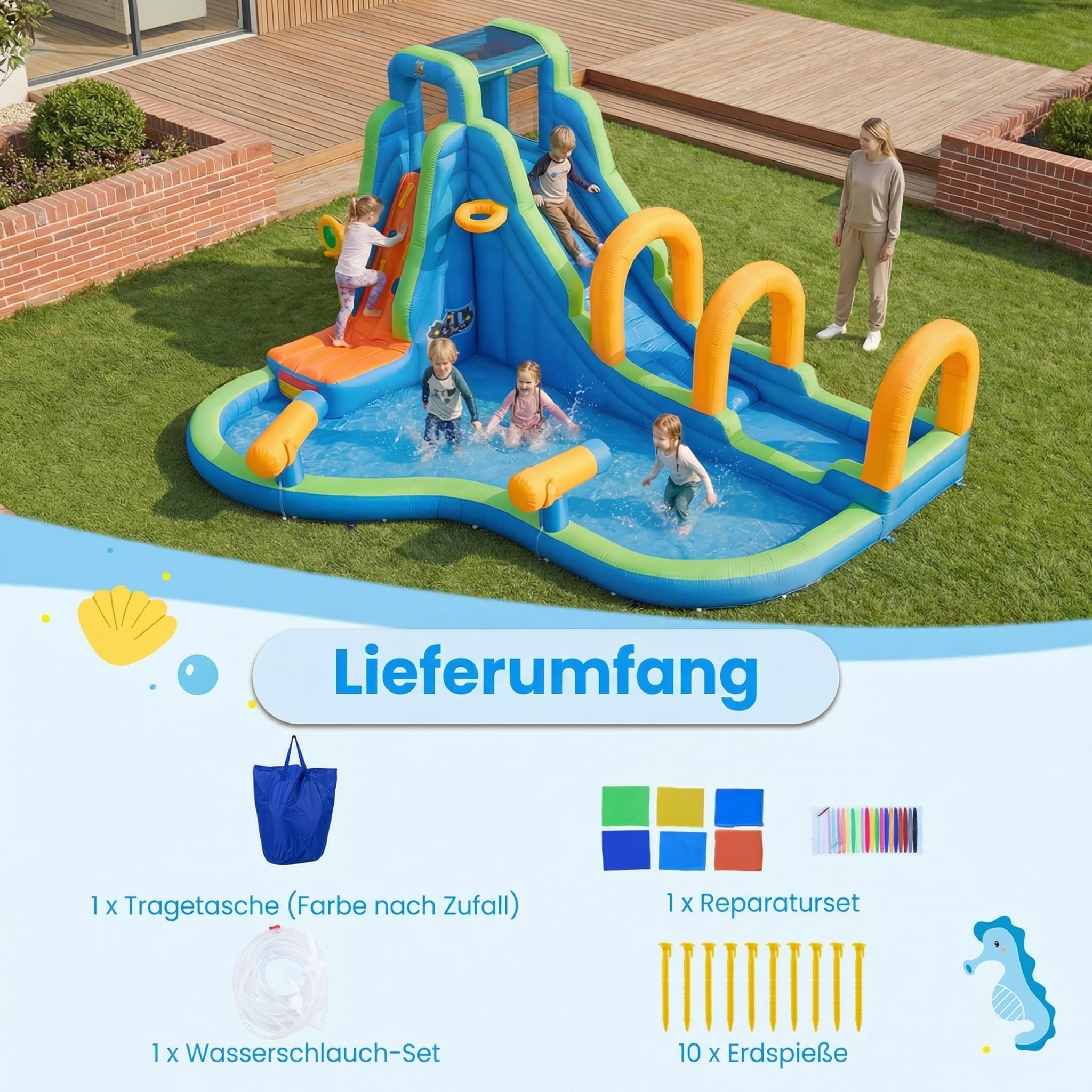 COSTWAY Hüpfburg mit Rutsche, Planschbecken, Kletterwand, Basketballkorb & 2 Wasserkanonen, Wasserhüpfburg für Kinder, Wasserpark für Außenbereich, 465 x 345 x 242 cm