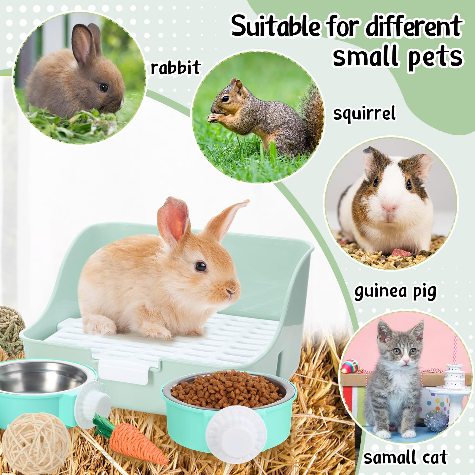 Reallnaive Juego de 15 piezas de conejo, caja de arena pequeña, kit de aseo de animales, juguetes de conejo, mantas con juego de limpieza para accesorios de conejillo de indias (verde)