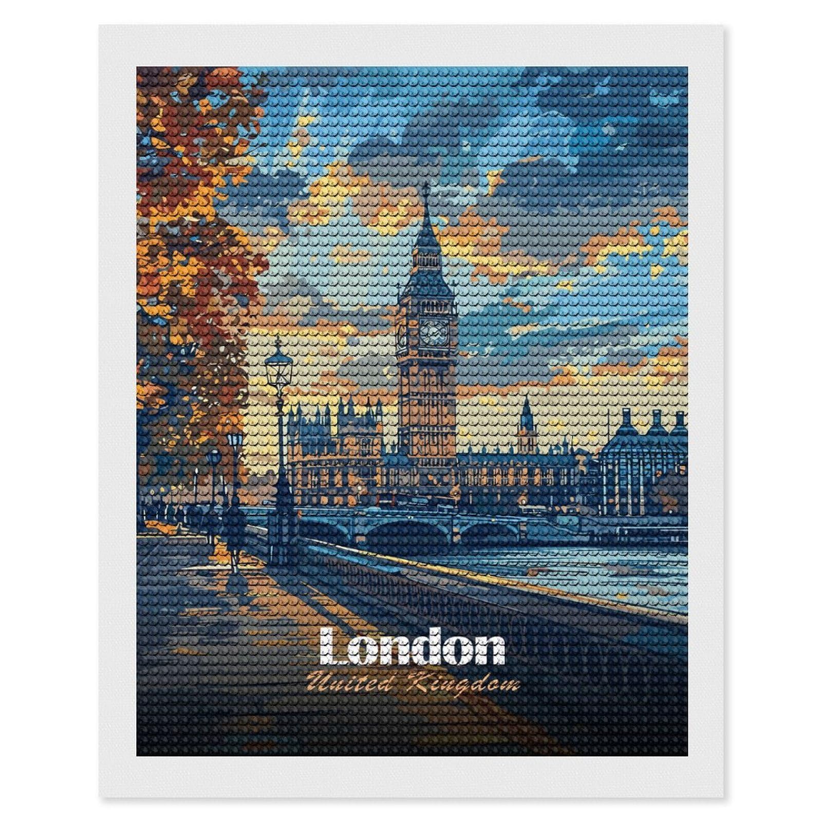 Junmoney London, United Kingdom Cityscape Art Diamond Art Canvas 16"x20", Decorate Your Room, Mindful Craft Activity, Cosy Home Accent, Thoughtful Handmade Gift