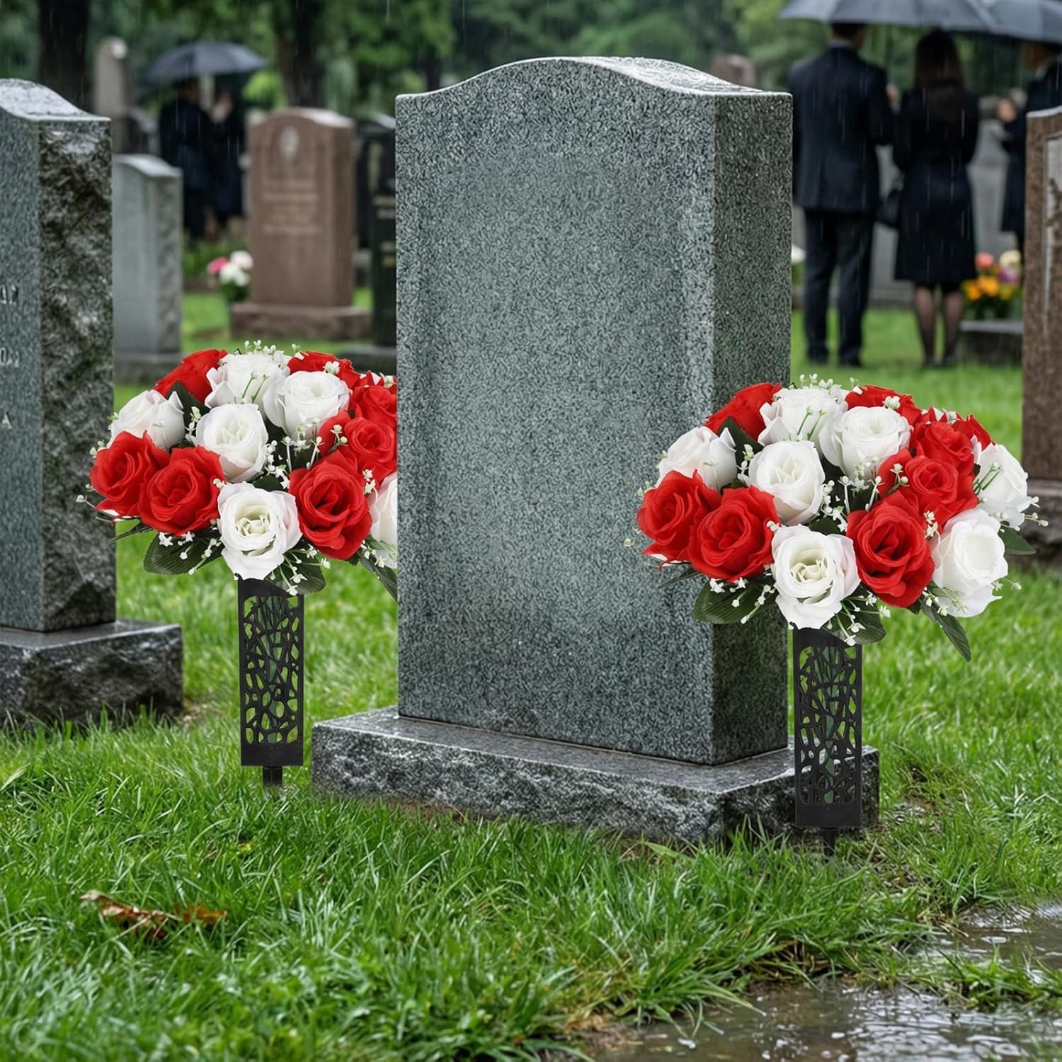 2 Sets Artificial Cemetery Flowers for Grave, Outdoor Roses Funeral Flowers with Cemetery Vase, Memorial Flowers Arrangements Bouquet Vibrant and Long-Lasting Colors(White+Red)