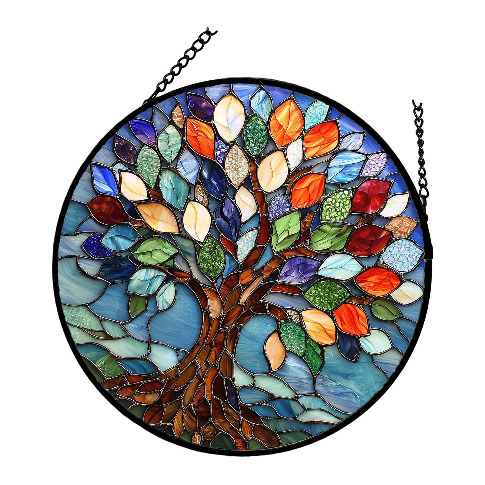 Stained Glass Window Hangings Colorful 2D Tree Suncatchers Decors for Home Garden Yard Ornament Housewarmings Gift Stained Glass Panel Suncatchers with Metal Chain Home Decor