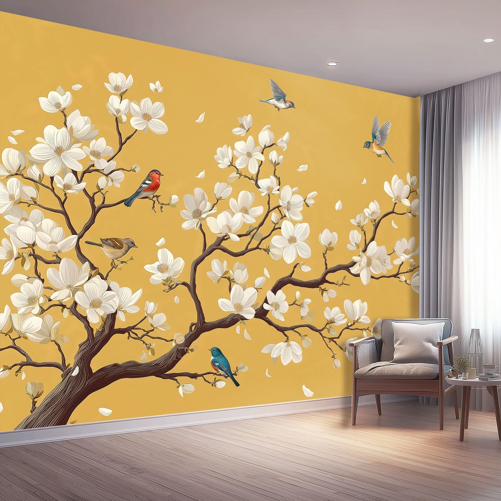 Papier Peint Panoramique Oiseau et Magnolia pour Chambre d'Enfant