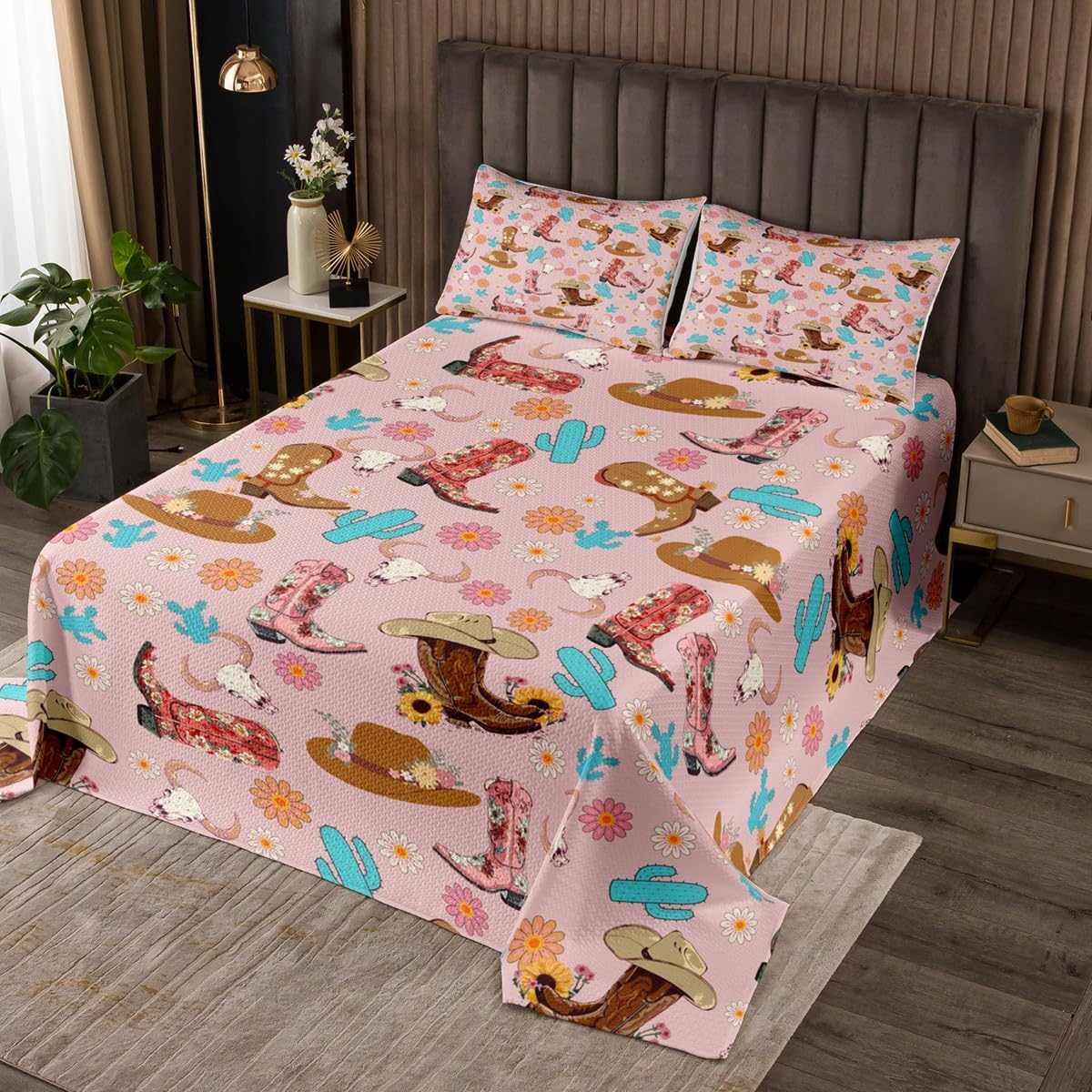 Manfei Cowgirl Bedspread Queen Size, Cowboy Boots Hats Bull Skull Coverlet Set 3pcs, Cute Flower Blue Cactus Quilted Coverlet with 2 Pillowcases, Kids Girls Room Decor, Soft Bedding Quilt