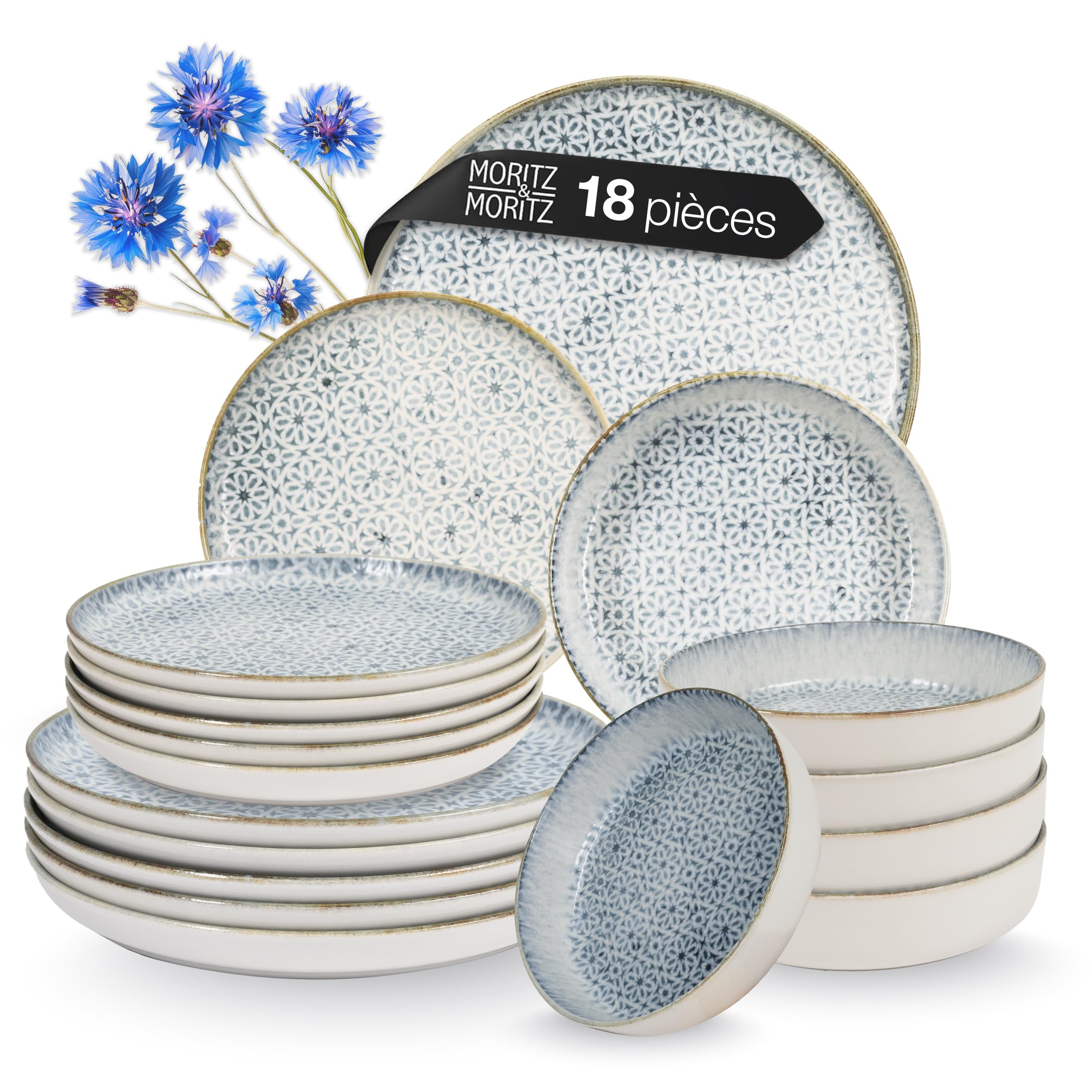 Moritz & Moritz ALHAMBRA Service de table 6 personnes 18 pièces en porcelaine de haute qualité - Service de table moderne en bleu - Ensemble de vaisselle facile à entretenir avec 6 assiettes plates, 6
