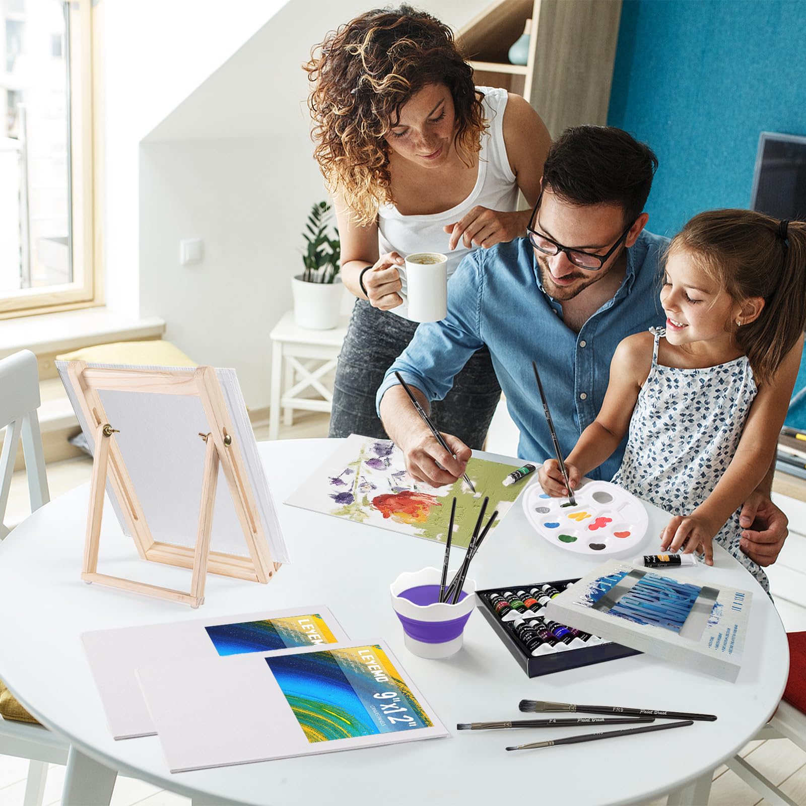 LEYEMO Acrylic Paint Set for Kids, Art Supplies Painting Kit with18 Acrylic Paints, 5 Canvas, 8 Paint Brushes, Easel, Palette ETE, Paint Set Gifts for Adults & Artist