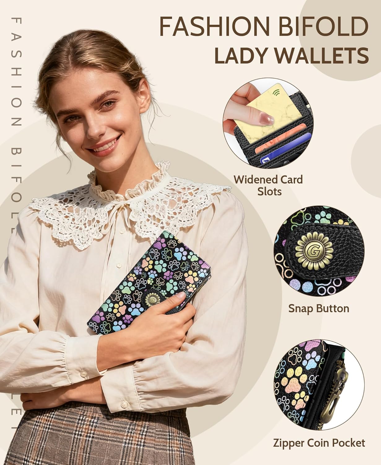 GIANCOMICS Puppy Dog Paw Womens Wallet RFID Blocking, Credit Card Holder Bifold, PU Leather Travel Billfold, Long Cute Cash Purse, Zipper Coin Pocket Clutch, 11 Card Slots, Ladies Gift Woman - Image 6