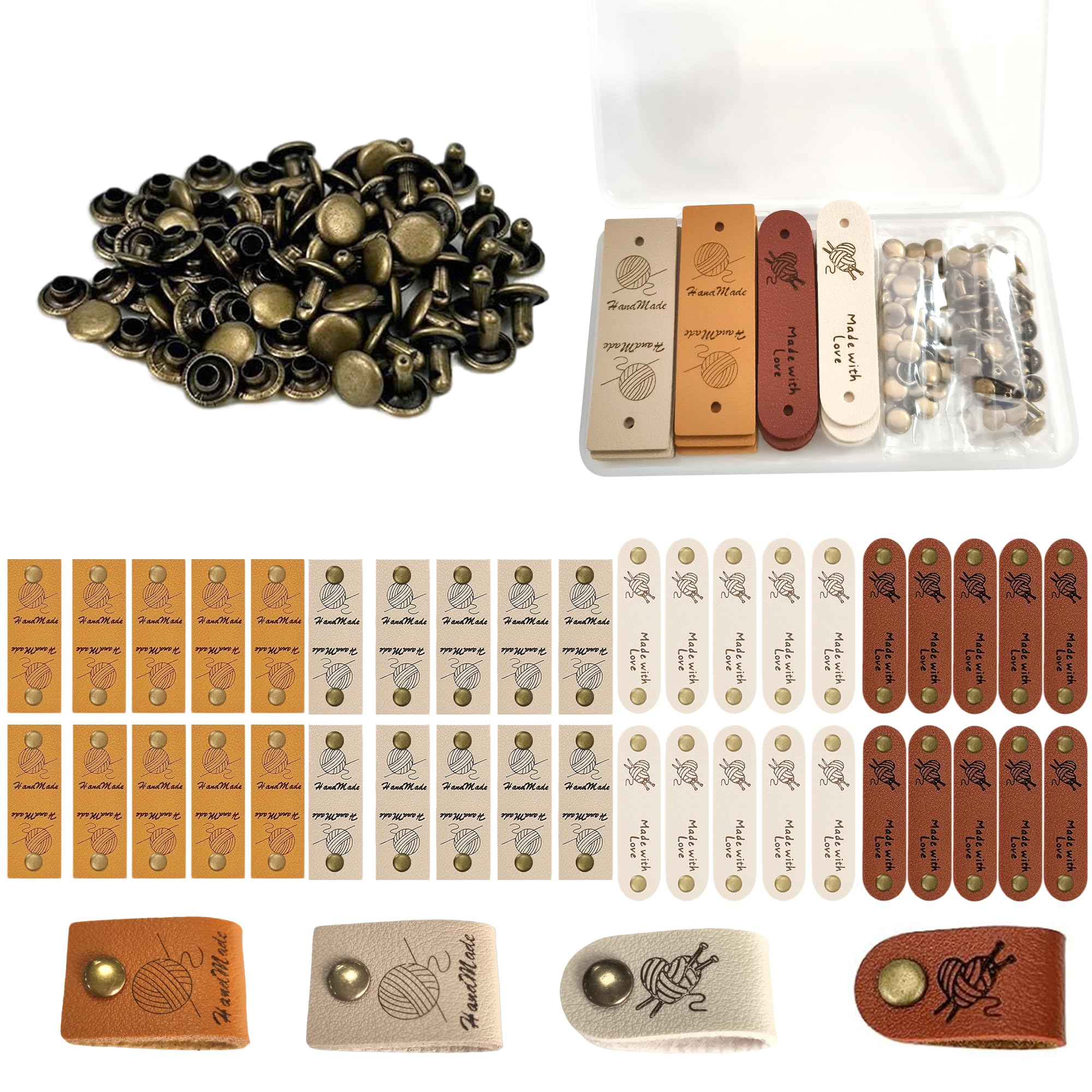 40PCS Handmade PU Leather Labels Tags, Colorful Handmades Labels for Handmade Items, Handmade with Love Tags with Holes, Includes Rivets for DIY Craft Projects Knitting Crochet and Accessories