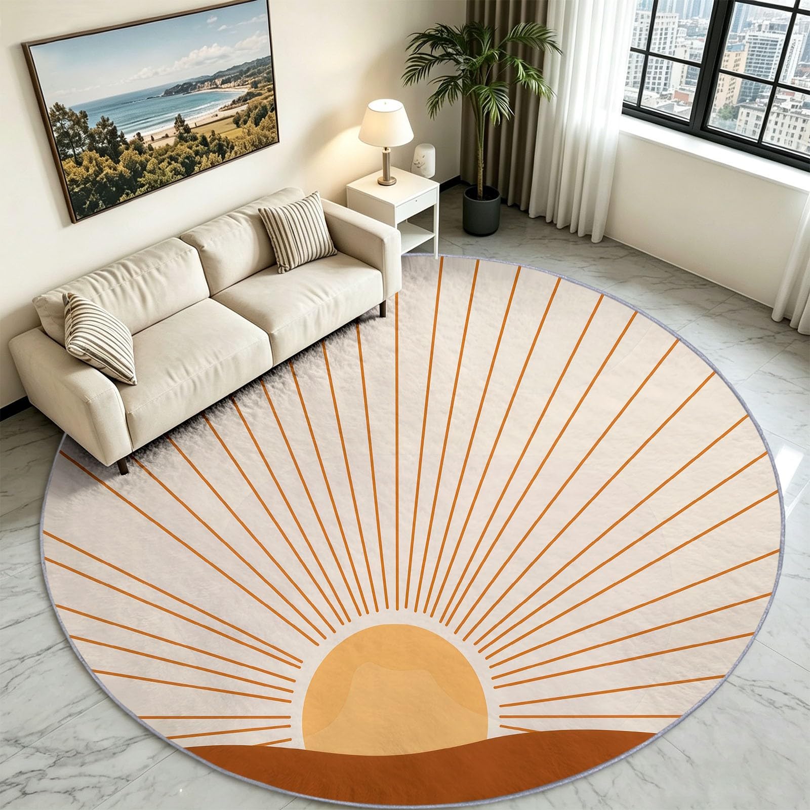 Tappeto rotondo lavabile, 90 cm, stile bohémien, morbido, con stampa astratta rossa dei raggi del sole, antiscivolo, per ingresso, soggiorno, camera da letto, accanto al divano e all'ufficio (beige)