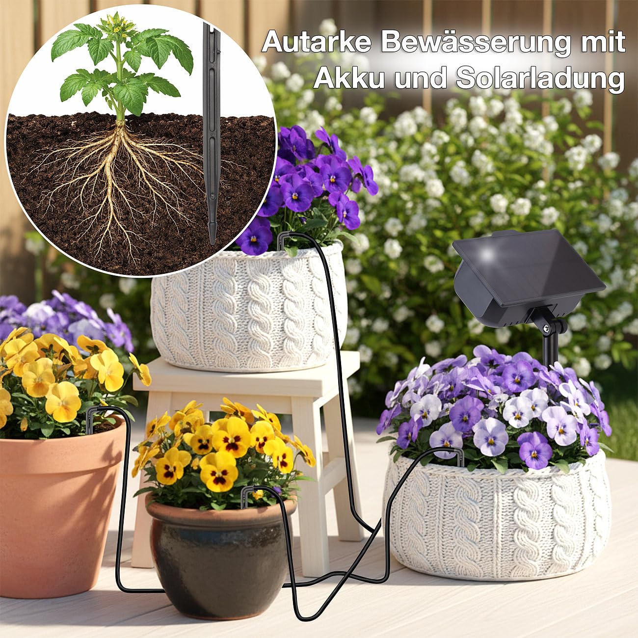 Royal Gardineer Bewässerung System Sets: 2er-Set Solar-Bewässerungssystem für 30 Pflanzen, Pumpe, bis 45 l/Std. (Bewässerung mit Solarpanel, Bewässerungscomputer mit Pumpe)